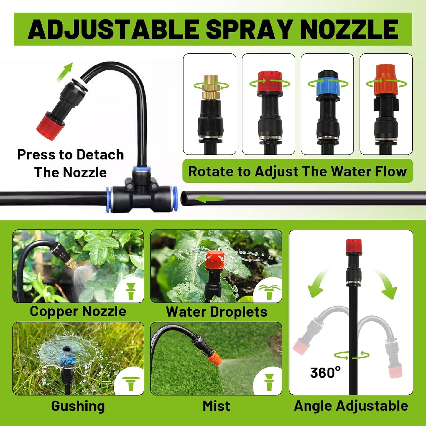 Drip Irrigation Kit - 100 FT. Hose Sprinkler System with 360° nozzles and T-connectors for Gardens, lawns, Plants, Flower beds, Trees, patios and hydroponics (28 nozzles + 28 connectors)