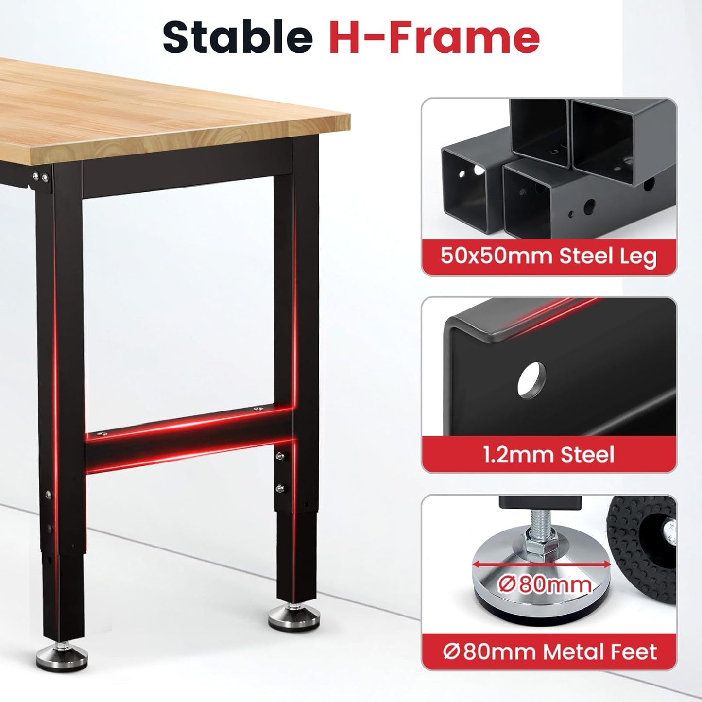 Work Bench 60 Inch Work Table for Garage Heavy Duty Rubberwood Tabletop Workbench for Woodworking Shop Home Office Electronic Cutting Wood