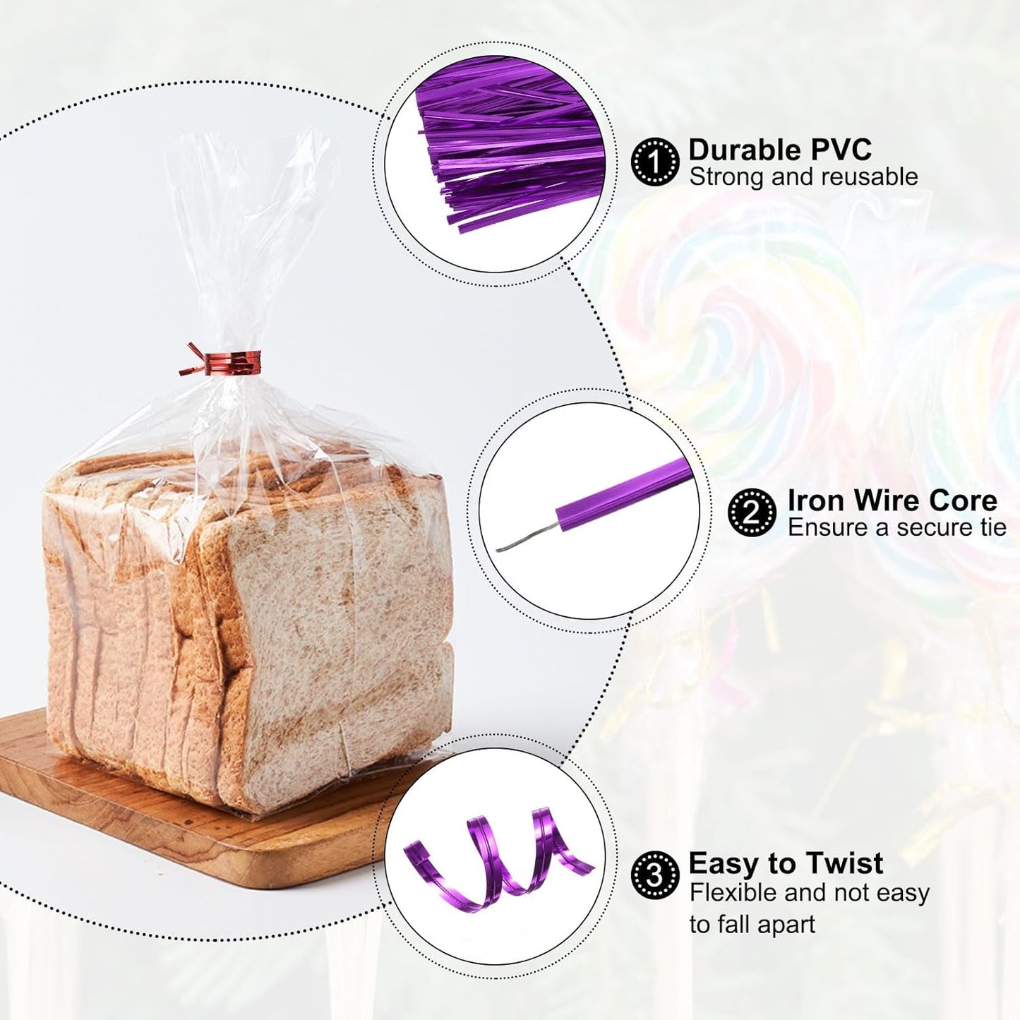 HARFINGTON 800pcs Bag Twist Ties 6" Reusable Plastic Metallic Twist Ties Wire Cable Ties for Party Bread Candy Cake, Purple