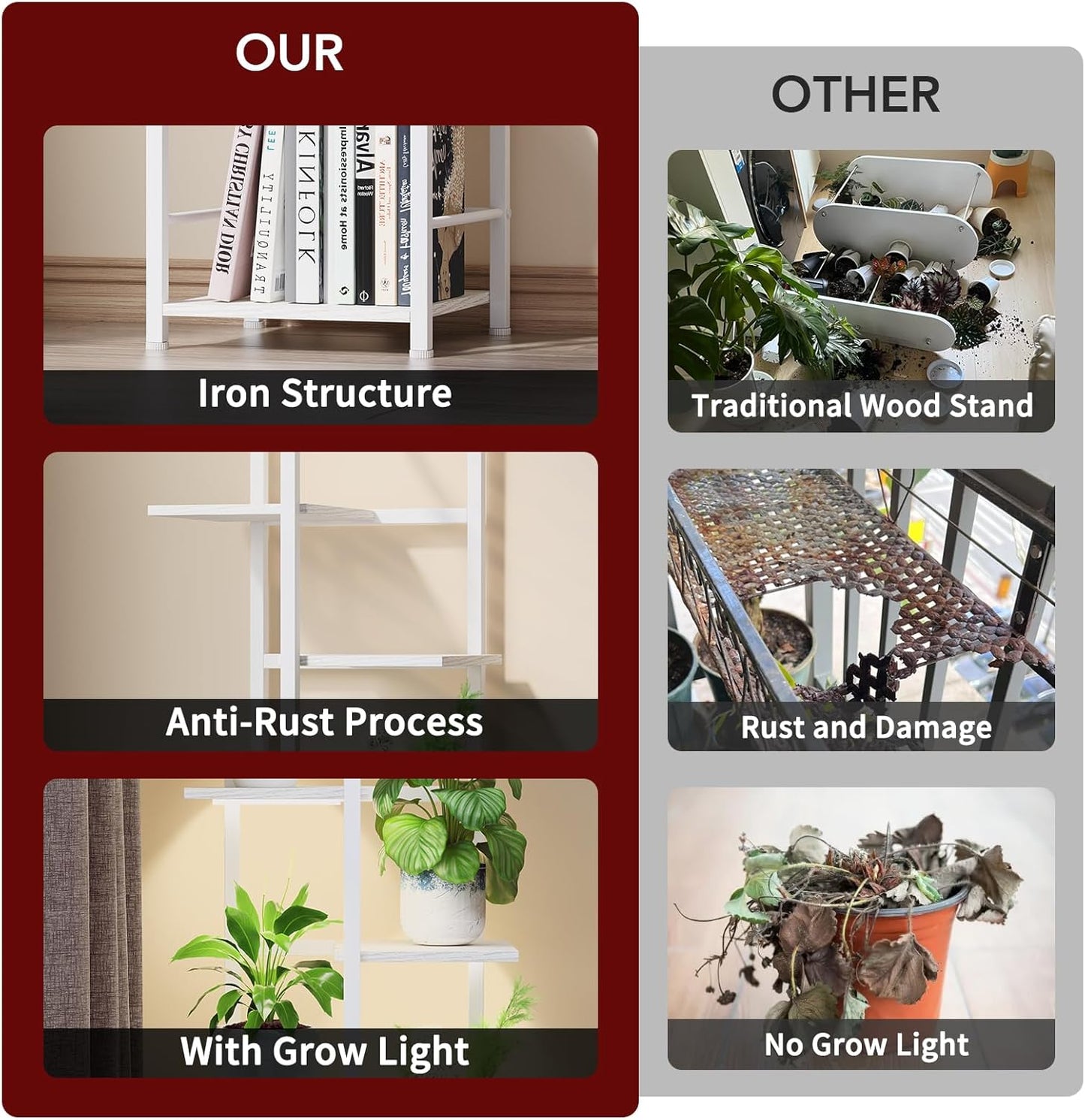 Plant Stand Indoor with Grow Light, 7-Tiered Tall Plant Stand Indoor, Metal Plant Shelf with Bookshelf Bookcase and Adjustable Light, Ideal for Living Room, Reading room, Garden, Patio (white)