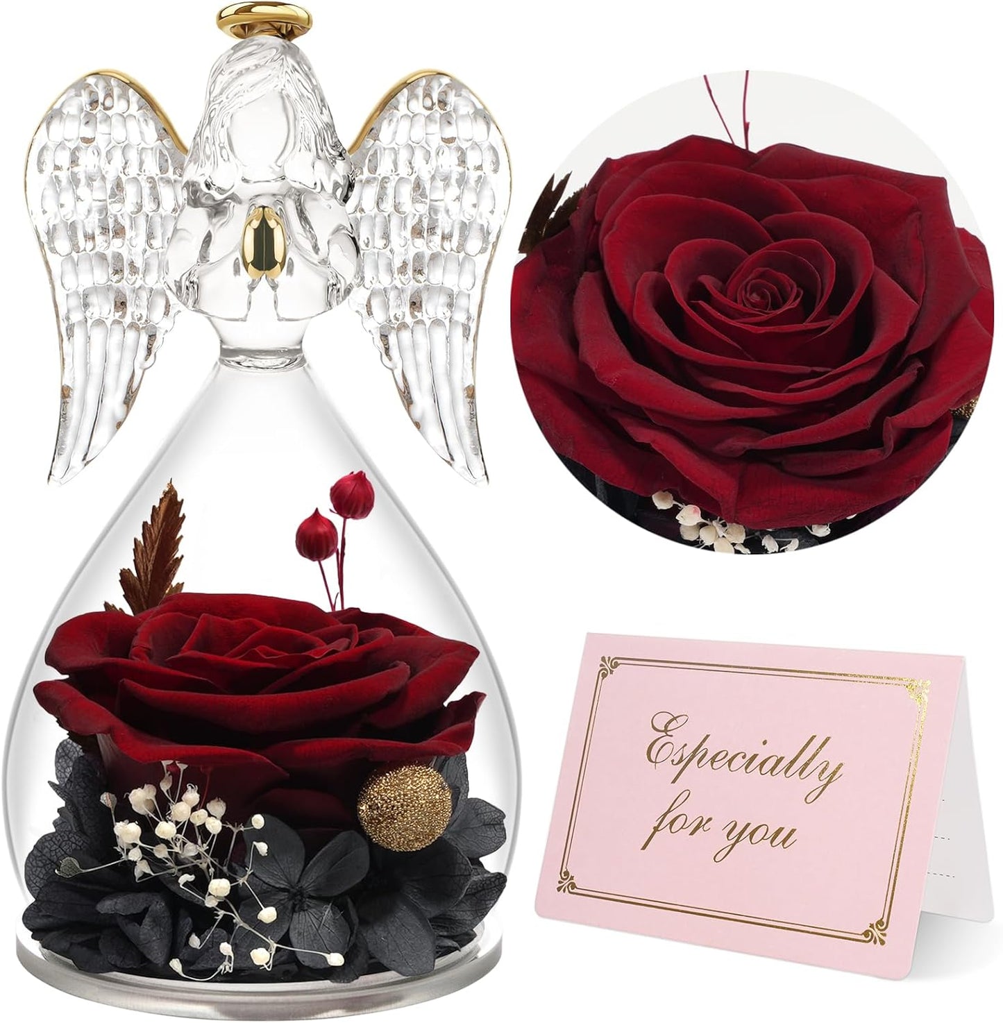 Yamonic Mom Birthday Gifts for Mom, Angel Figurines with Real Rose Gifts for Her Mom Grandma, Angel Preserved Flowers Rose for Mothers Day Christmas Anniversary Birthday Gifts for Women(WineRed)