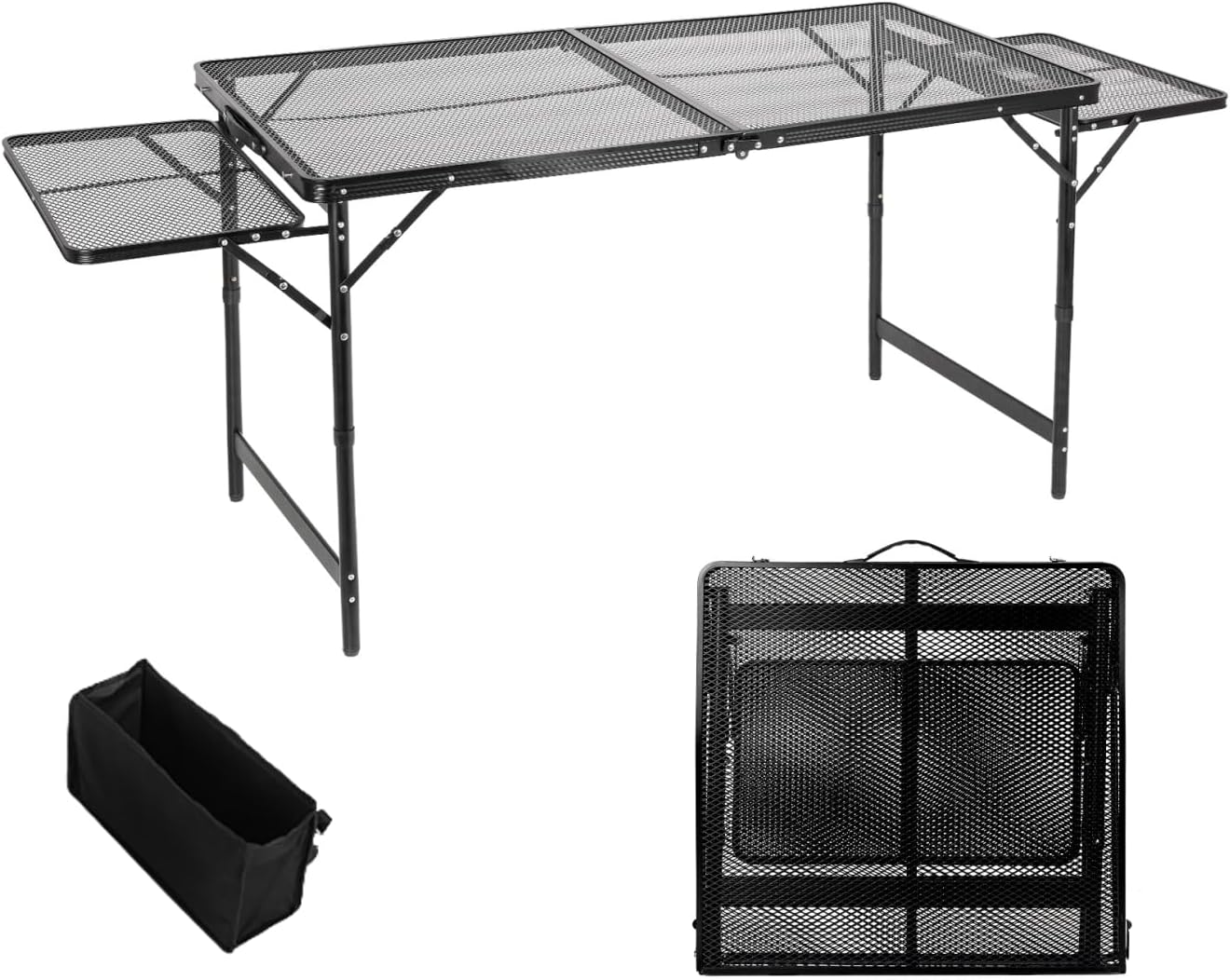 Grill Table Folding Table with 2 Wing Panels 4FT+1.77 FT with with 1×2/5 L Storage Bag Mesh Desktop 3 Height Adjustable Portable Grill for Outdoor Indoor Beach BBQ Picnic Travel RV Black