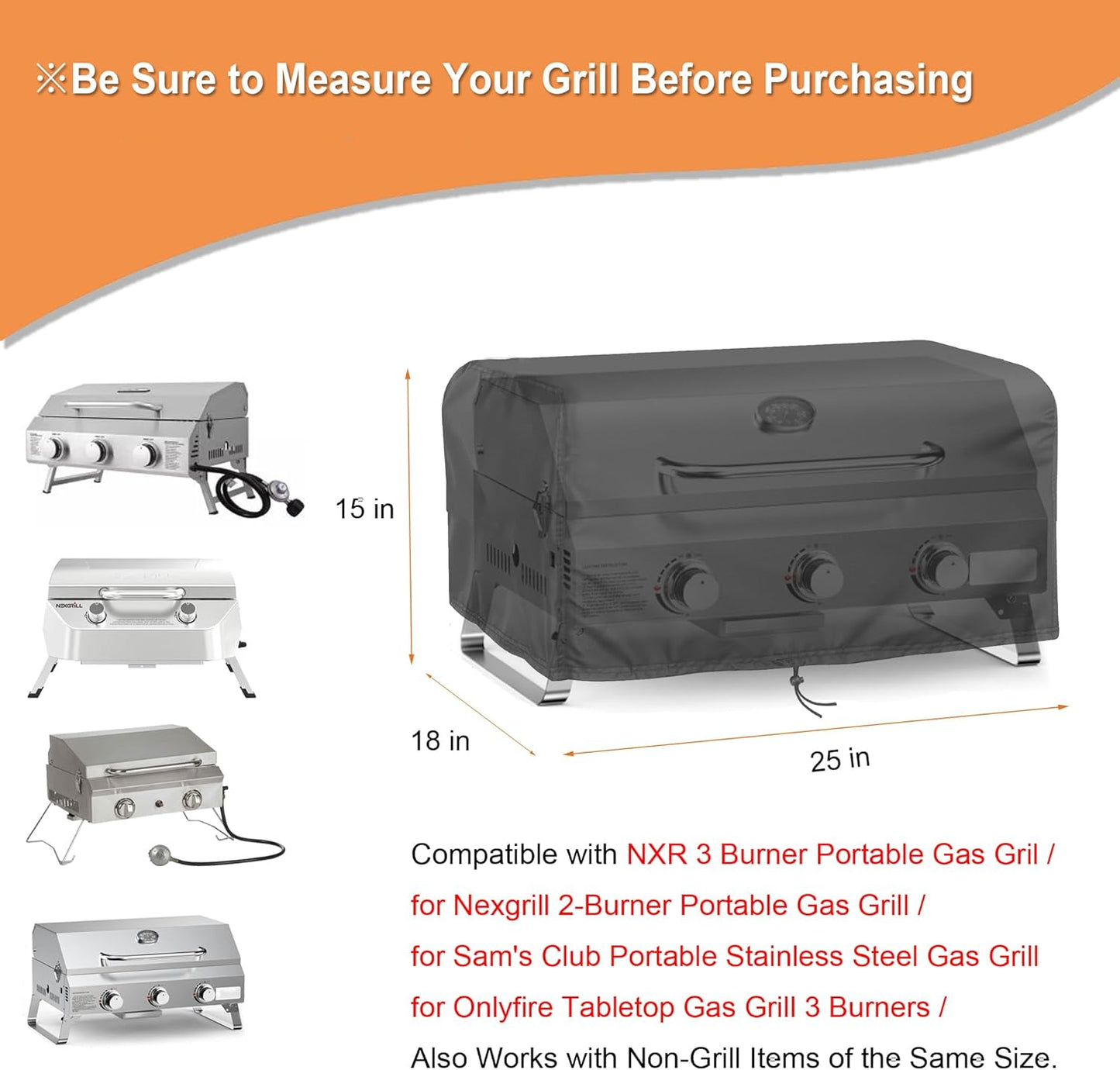 Grill Cover Fits for NXR 3 Burner Portable Gas Grill, 600D Heavy Duty 25'' Outdoor BBQ Cover for Nexgrill 820-0007GE Tabletop Gas Grill, 25" L x 18" W x 15" H