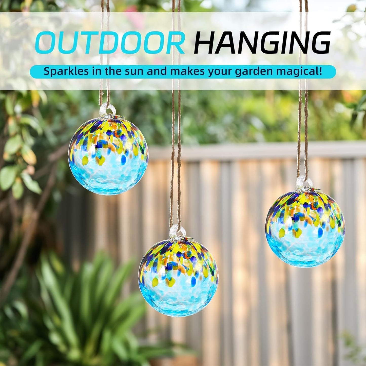 VOREEN 4" Hanging Glass Garden Gazing Ball Hand Blown Glass Witch Ball Christmas Ornament Friendship Balls for Outdoor Garden Patio Window Home Décor, Gift for Mom Wife Friend, Blue Ocean