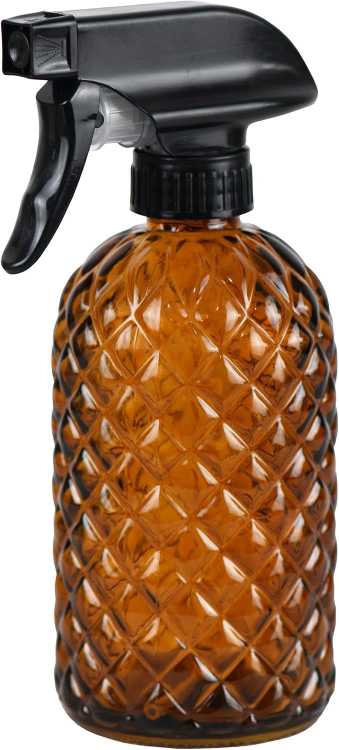 12Oz Glass Plant Spray Bottle, Gem Pattern Glass Sprayer, Watering Can with Black Plastic Top Pump, Handheld Watering Can for Indoor Outdoor Potted Plants and Greenery (Amber)