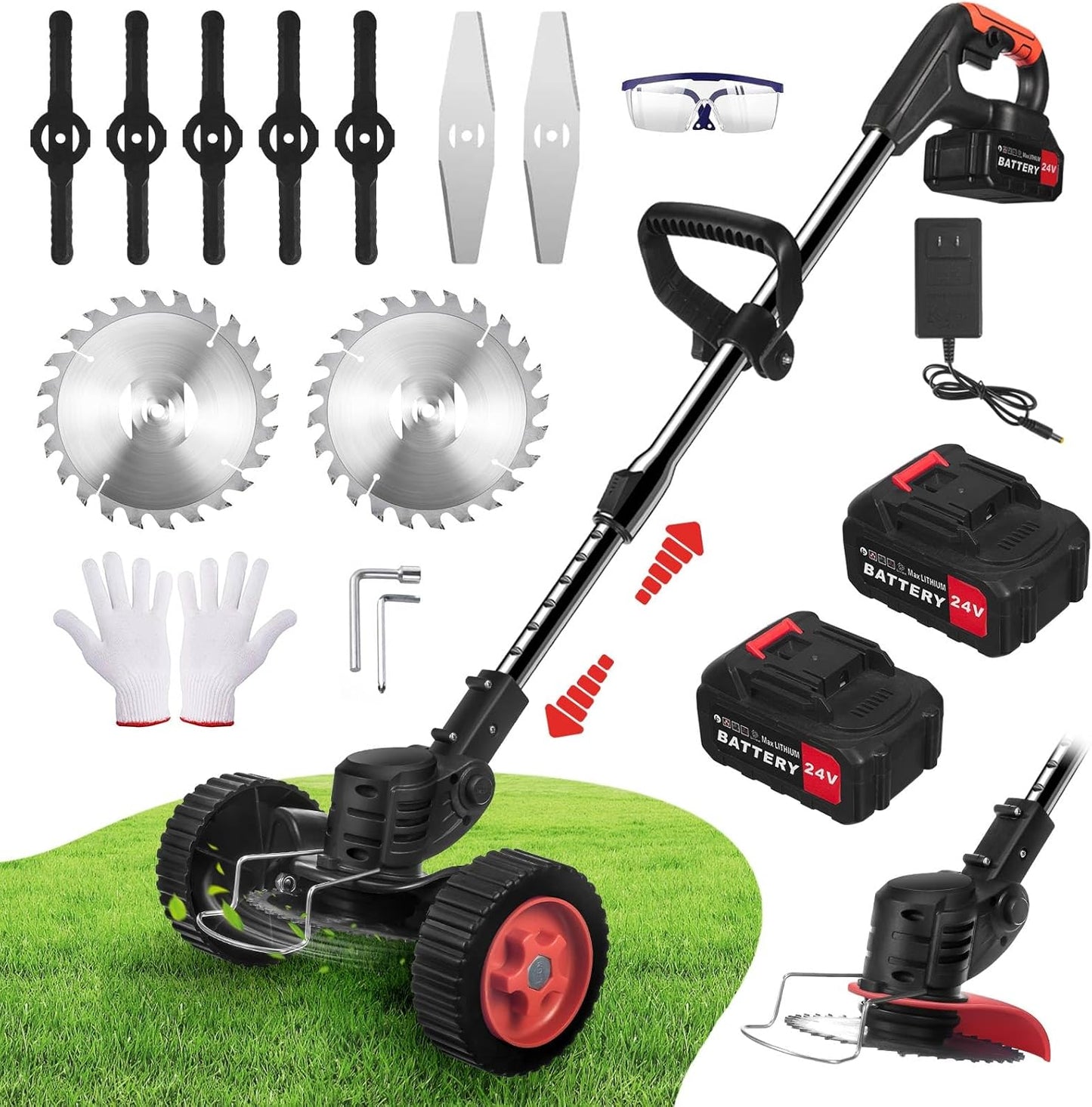 Electric Weed Wacker Cordless with Wheels: Electric Weed Wacker Battery Powered 24V 4.0Ah - Cordless String Trimmer for Lawn Garden Glass Pruning Trimming, Black