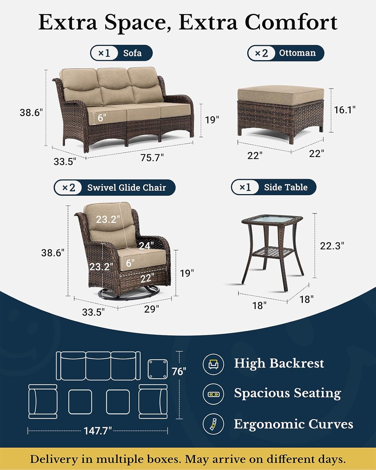 HILLGA Luxury Patio Furniture Set with 6-inch Thick Cushion, Outdoor Couch and High Back Swivel Rocker Patio Chairs, 6PCS Wicker Conversation Set for Deck Yard and Poolside, Beige (V2)