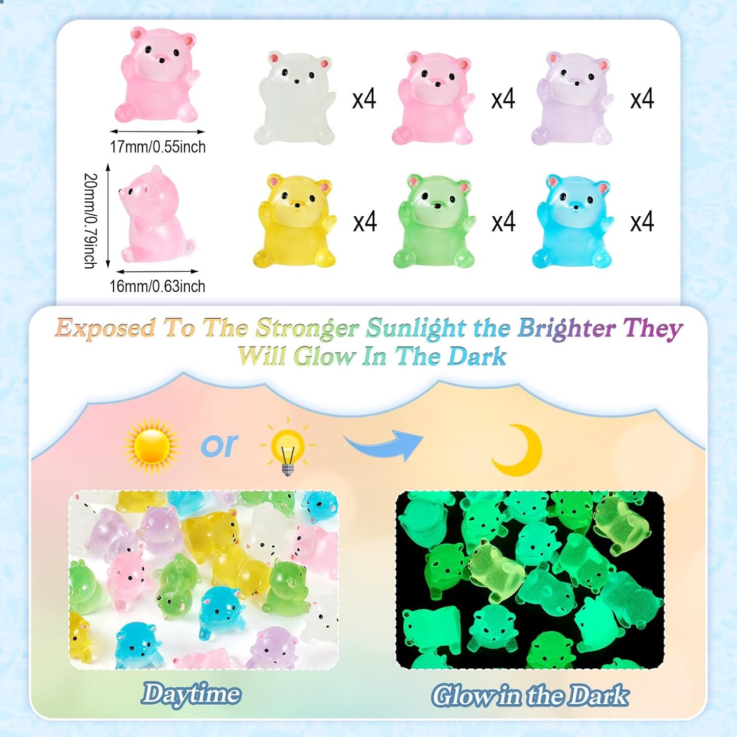 Pandahall 24Pcs Luminous Mini Bear Decoration Glow in The Dark Mini Resin Animals 6 Colors Tiny Bear Figurines Landscape Decoration for Fairy Garden DIY Party Ornament Accessories