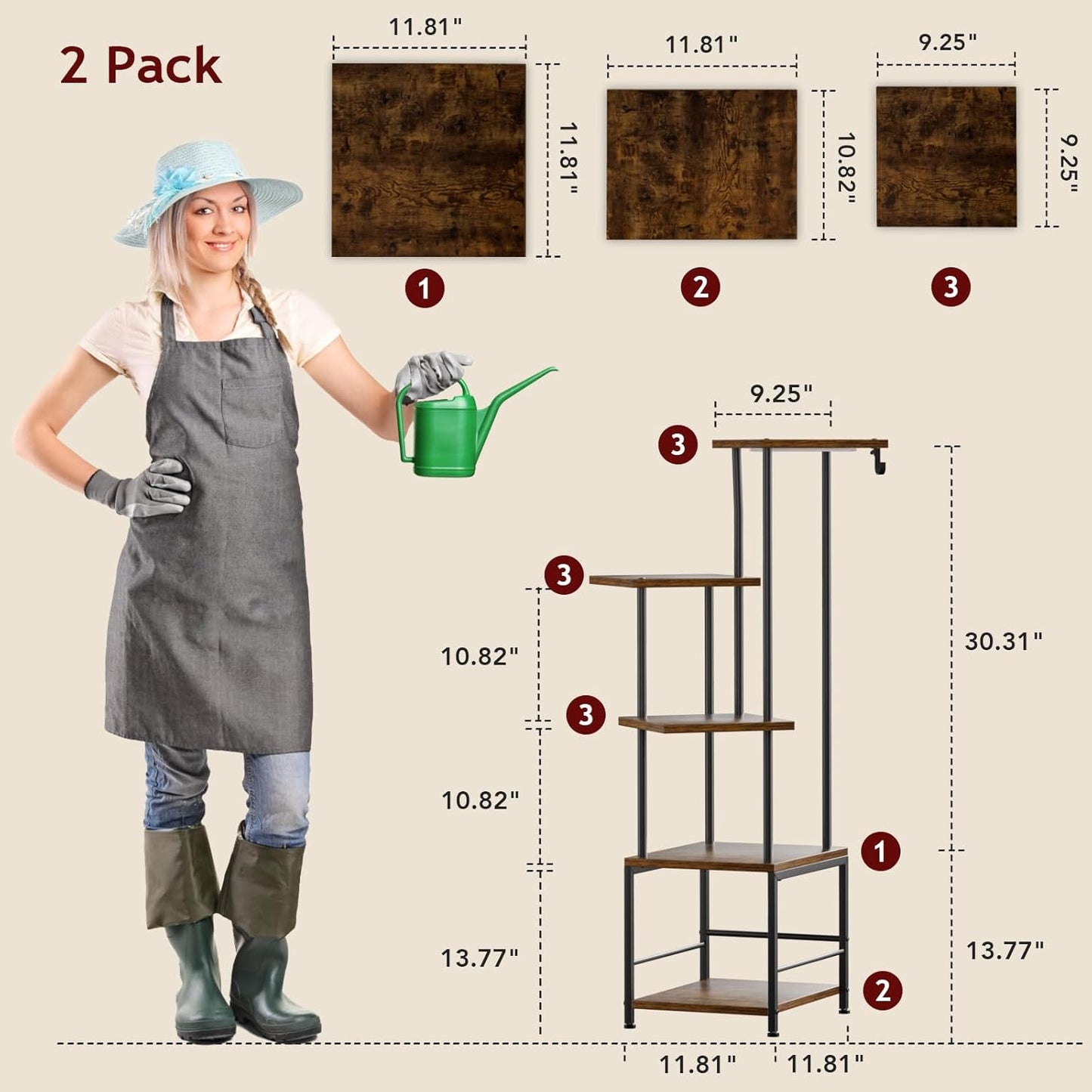 Plant Stand Indoor with Grow Light, 5-Tiered Tall Plant Stand Indoor, Metal Plant Shelf with Hanging Basket Hook and Adjustable Light, Ideal for Living Room, Garden, Patio,Brown and Black（2 pcs ）