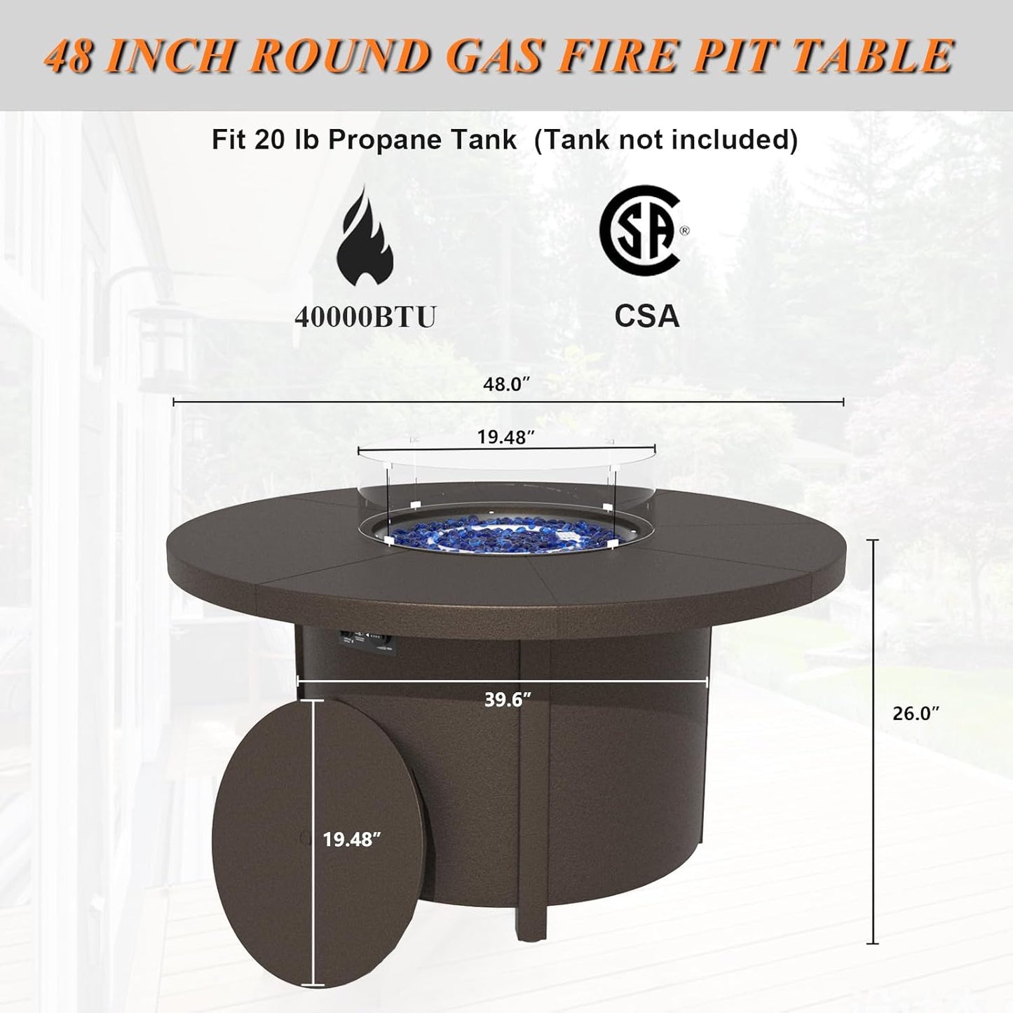 Kurapika Propane Round Fire Pit Table 48in, 40,000 BTU Auto-Ignition Round Gas Fire Pits, CSA Certification, Wider Desktop Round Fire Tables with Windshield, Blue Stone and Lid, for Outside Patio