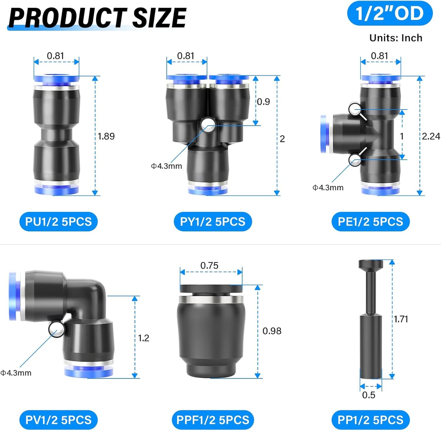 TAILONZ PNEUMATIC 1/2 Inch od Push to Connect Fittings Pneumatic Fittings Kit 5 Spliters+5 Elbows+5 tee+5 Straight+5 PPF+5 PP (30 pcs)