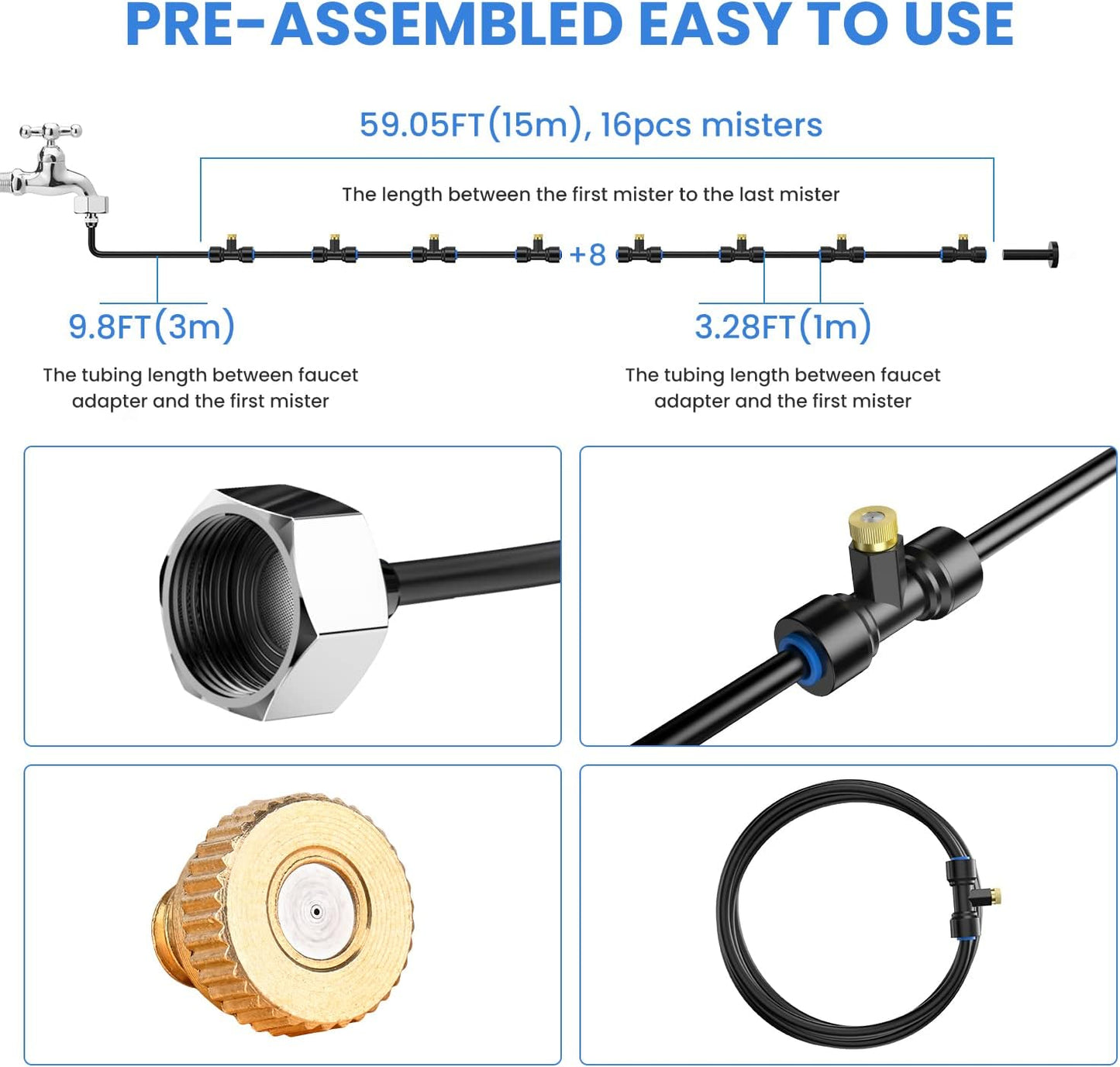 Keten 72FT Misting Cooling System, 59FT(18m)+Extra 13FT(4m) Misting Line, Misters System for Outdoor Patio Garden Greenhouse Pasture with 18 T-Joints+18 Mist Nozzles+3/4” Brass Adapter
