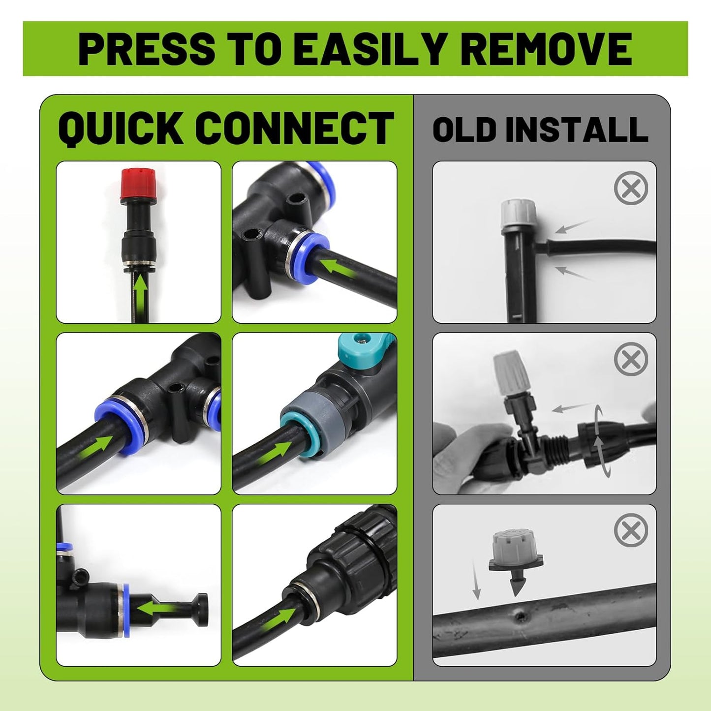 Drip Irrigation Kit - 100 FT. Hose Sprinkler System with 360° nozzles and T-connectors for Gardens, lawns, Plants, Flower beds, Trees, patios and hydroponics (28 nozzles + 28 connectors)