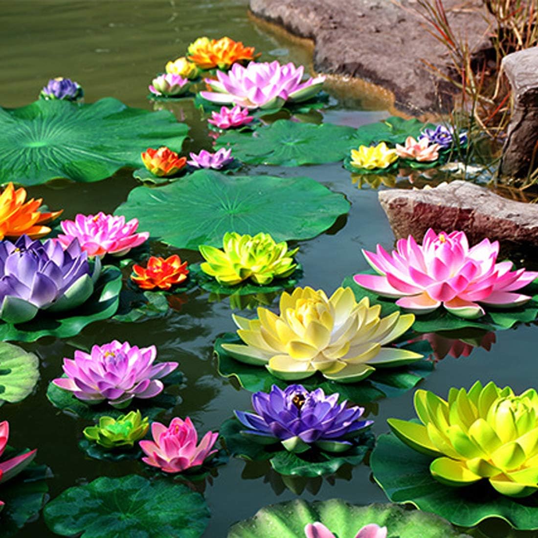 Superdream 4PCS Large Artificial Floating Lotus Flowers, Home Garden Pond Aquarium Wedding Decor (7inch) (Orange, Green, Purple, Pink)