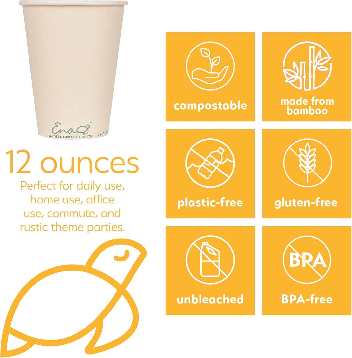Earth's Natural Alternative 100% Compostable Disposable Coffee Cups with Lids [12oz 80 Set] Paper Cups Made from Unbleached Bamboo Fiber, Compostable Lids, To Go Coffee Cups with Lids
