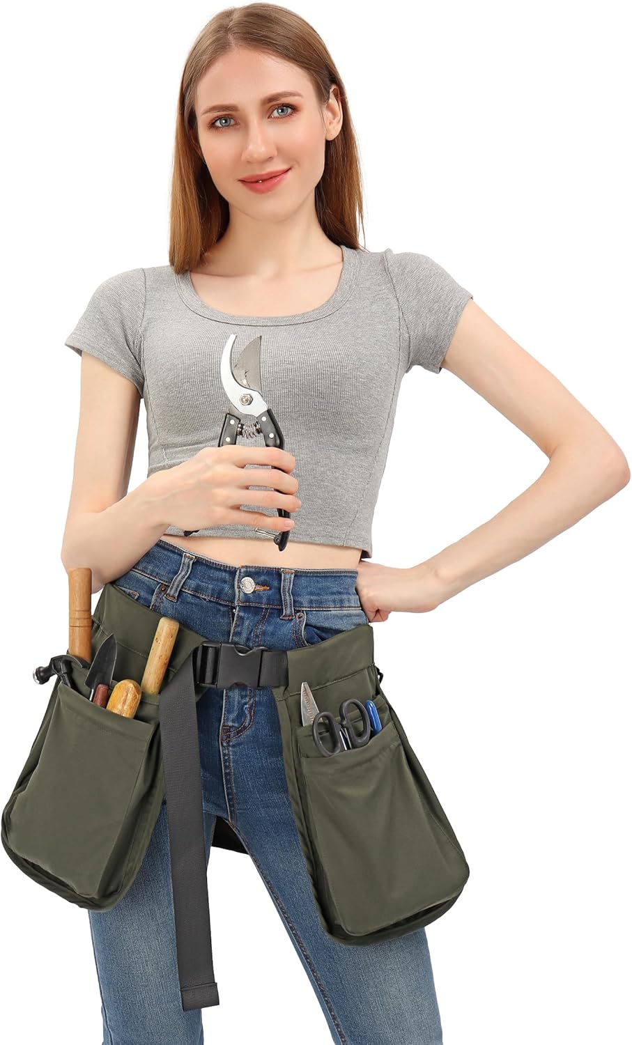 C-ZOFEK Multi-pocket Waist Belt Apron Bag for Women/Men, Garden Tools for Gardener, Green
