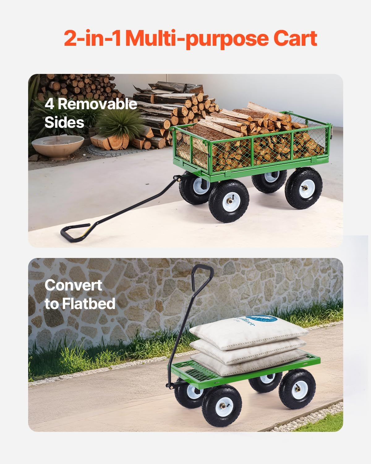 VEVOR 680 Lbs Steel Garden Cart on Wheels, Heavy Duty Garden Wagon Cart Pullable, Metal Outdoor Utility Yard Wagon Carts with 10" Tires, Mesh Removable Sides and 180°Rotating Handle