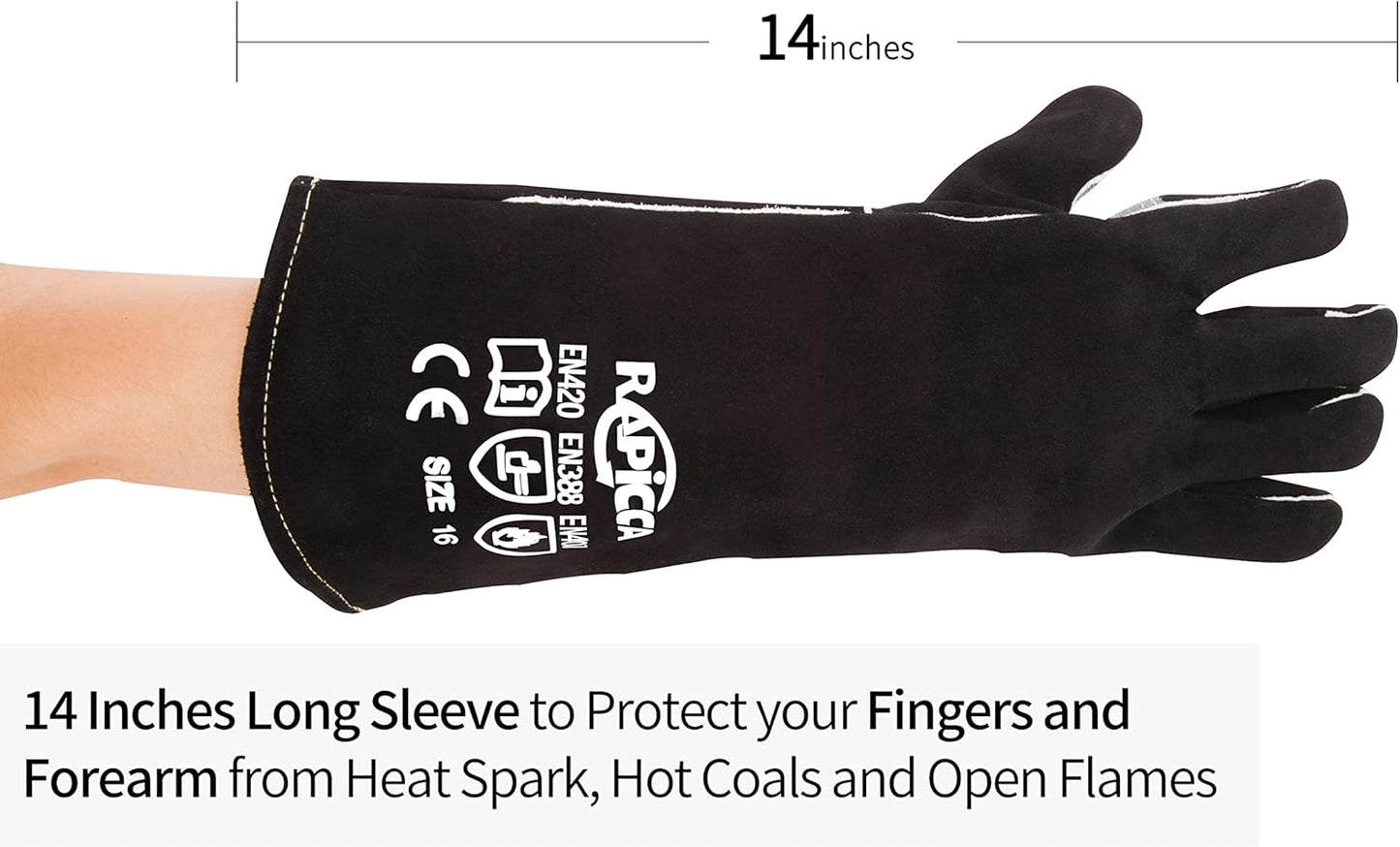 RAPICCA Fireplace Gloves Fire Heat Resistant: Black 14IN - Fireproof Leather for Fireplace Fire Pit Wood Stove Campfire Furnace BBQ Grill Oven Stick Mig Welding Welder Gear - Birthday Gift for men