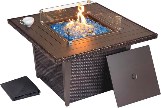 42 Inch Outdoor Propane Fire Pit, 50,000 BTU Gas Fire Pit Table with Lid, Wind Guard, Cover, and Glass Stones, Brown Squre Rattan Gas Firepit Table for Patio, Terrace, Garden, CSA Certification