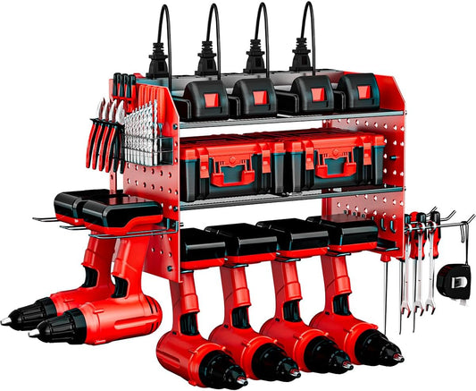 Power Tool Organizer with Charging Station, 6 Drill Holder Wall Mount, 3 Layer Garage Tool Organizer with Hooks, Screwdriver, Drill Bit Rack, Heavy Duty Utility Shelf for Garage, Gifts for Men