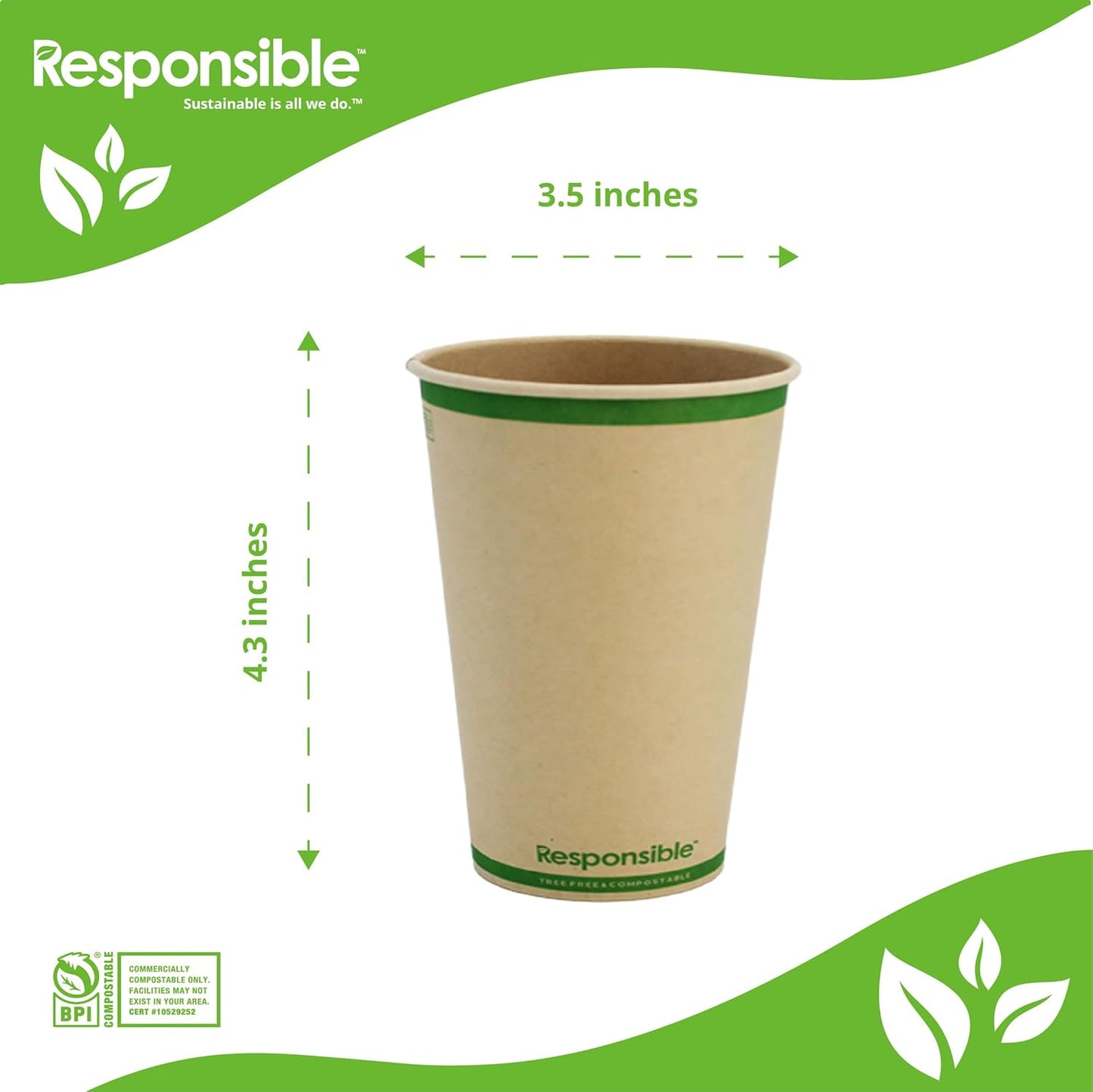 Certified Compostable 12 oz Paper Cups, Cold ＆ Hot Coffee Cups, Disposable Paper Cups, Extra Strength Disposable Cups, Made without PFAS (50 count)