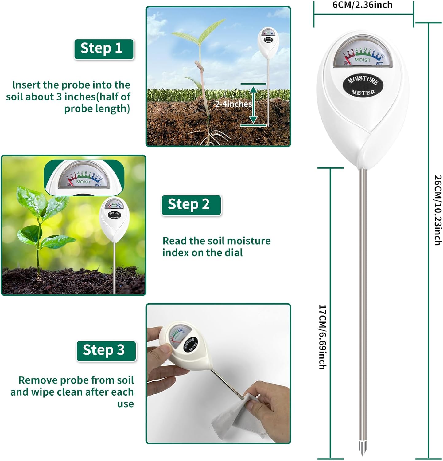SZHLUX Soil Moisture Meter, Plant Water Monitor, Soil Hygrometer Sensor for Plant Care, Great for Gardening, Lawn, Farm, Indoor & Outdoor (Plant Gifts for Gardeners) 10.23inch, White