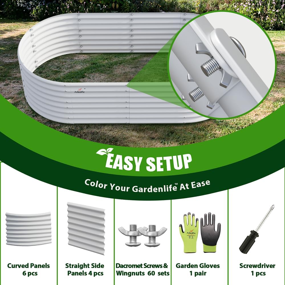 A ANLEOLIFE 6X3X2 ft Galvanized Raised Garden Beds Outdoor-4 Pack, Oval Large Metal Deep Root Planter Box for Planting Vegetables Flowers Herb, Anti-Rust & Easy-Setup, Antique White
