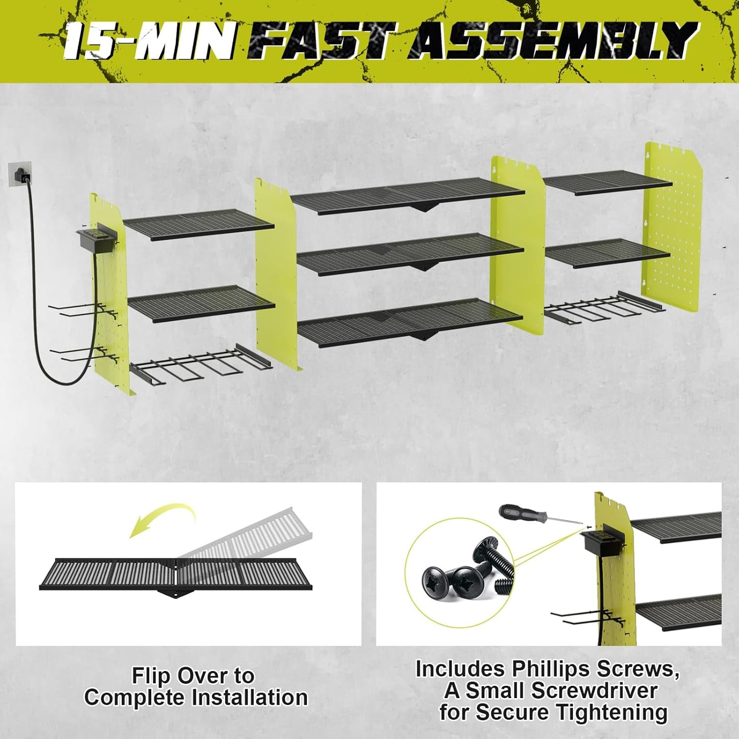 Power Tool Organizer Wall Mount with Charging Station, Expanded Width Tool Organizer for Garage Organization Max. 200lb Load, Heavy Duty Cordless Drill Holder with Outlet Power Strips