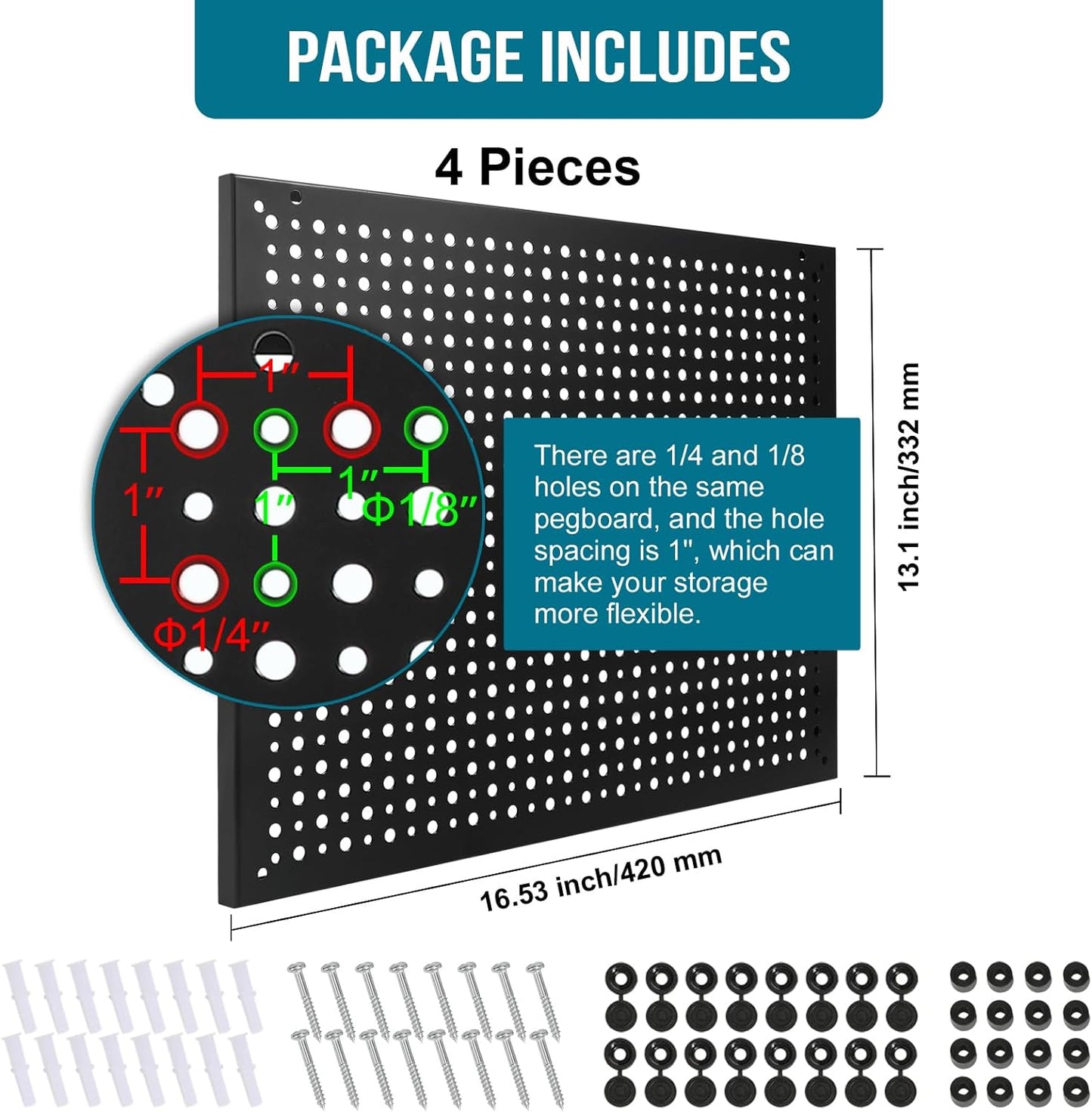 4 Pack Heavy Duty Steel Pegboard Garage Organization Panels,Universal 1/8 and 1/4 Pegboard Accessories,Suitable for Tool Storage,Garage Storage etc.(Black, 16X12)