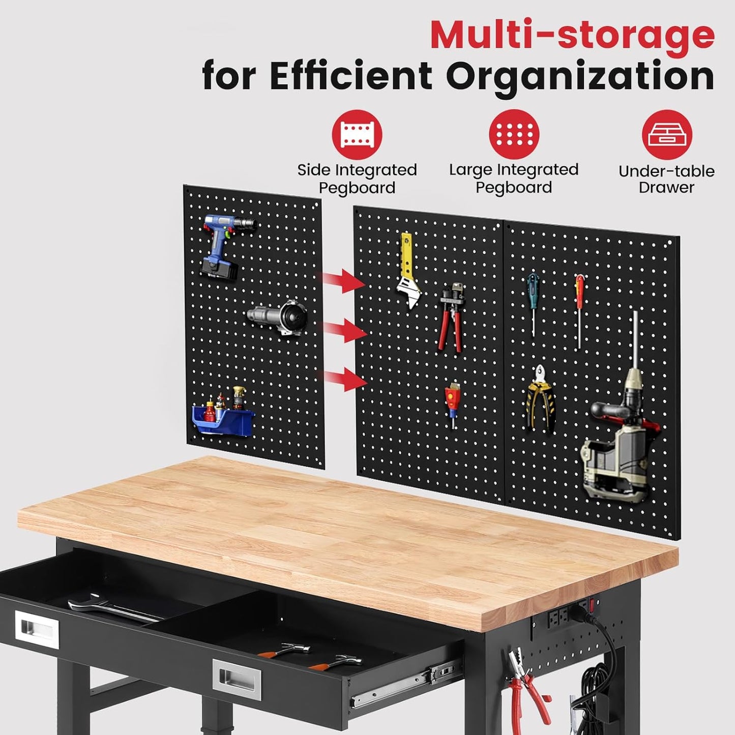Workbench for Garage with Drawers 48 x 24 Inch Rubberwood Tabletop Work Table with Pegboard, Power Outlets Adjustable Height Work Bench for Woodworking Shop, Home, Office