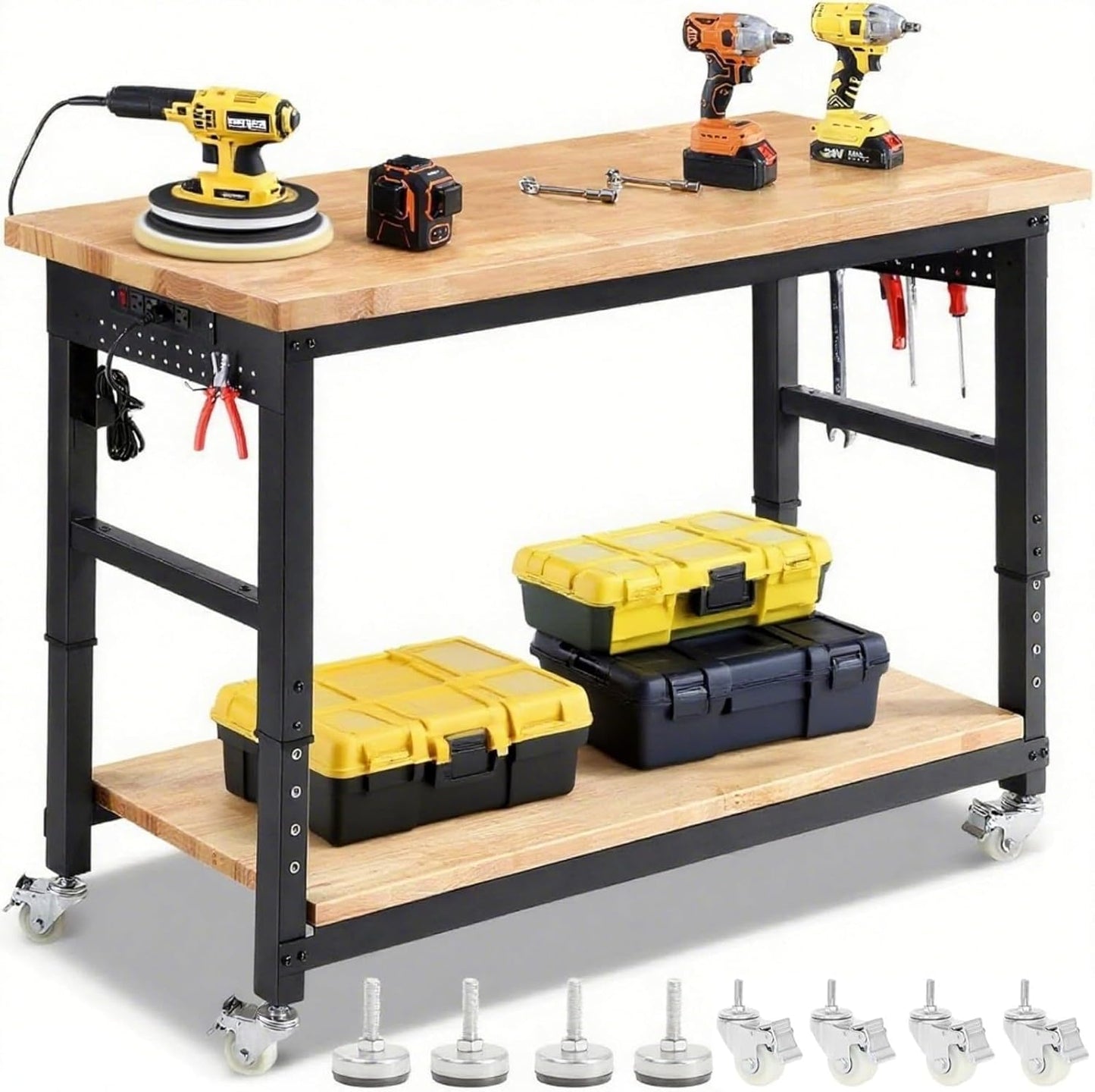 Work Bench with Double Layers 60 x 22 Inch Heavy Duty Rubberwood Tabletop Work Table Adjustable Height Workbench with Wheels, Sided Pegboard, Power Outlets for Garage Home Office