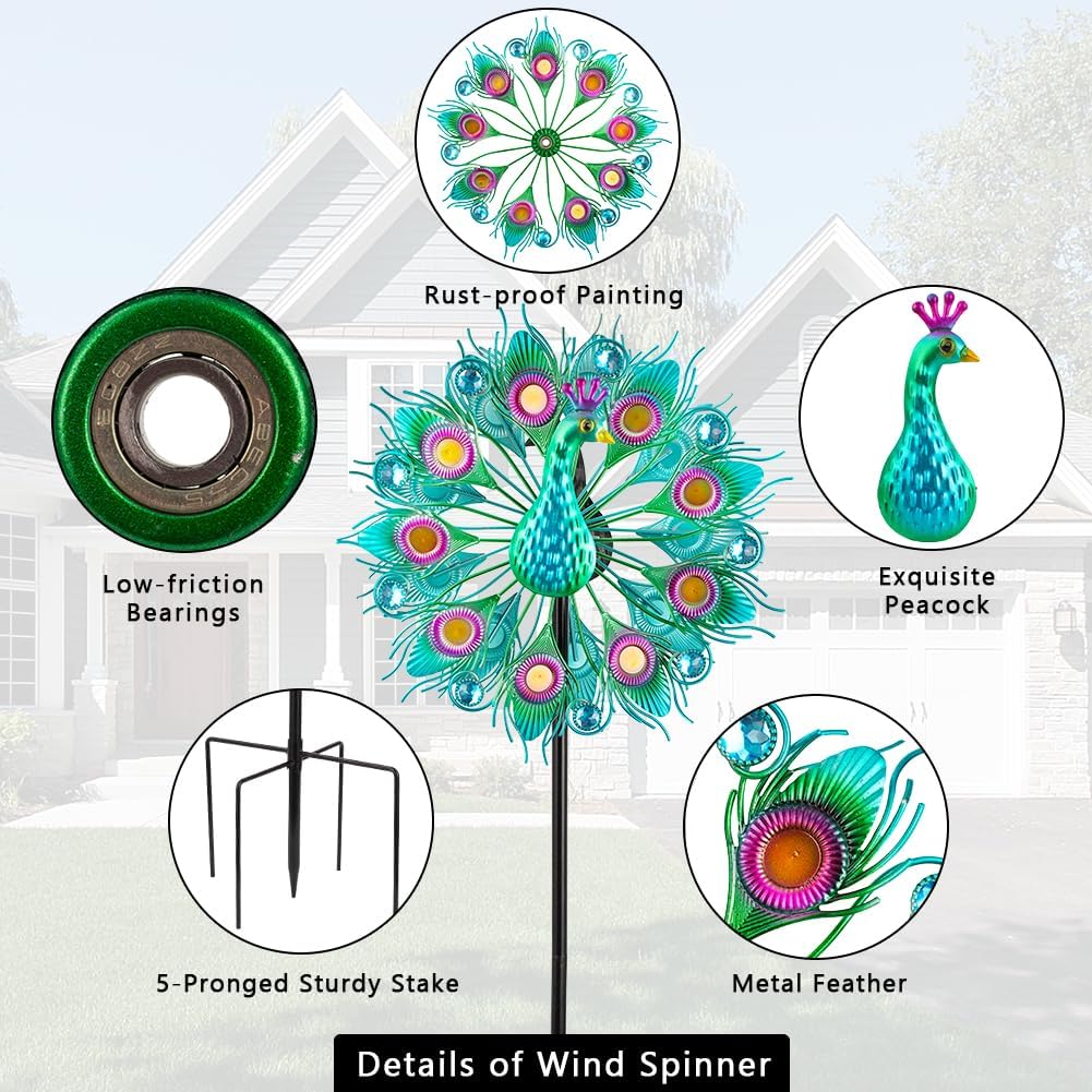 Stargarden Wind Spinners Outdoor, Peacock Metal Wind Spinner, 13 Inch Kinetic Wind Sculptures & Spinners, Decorative Waterproof Pinwheels for Yard and Garden Decor