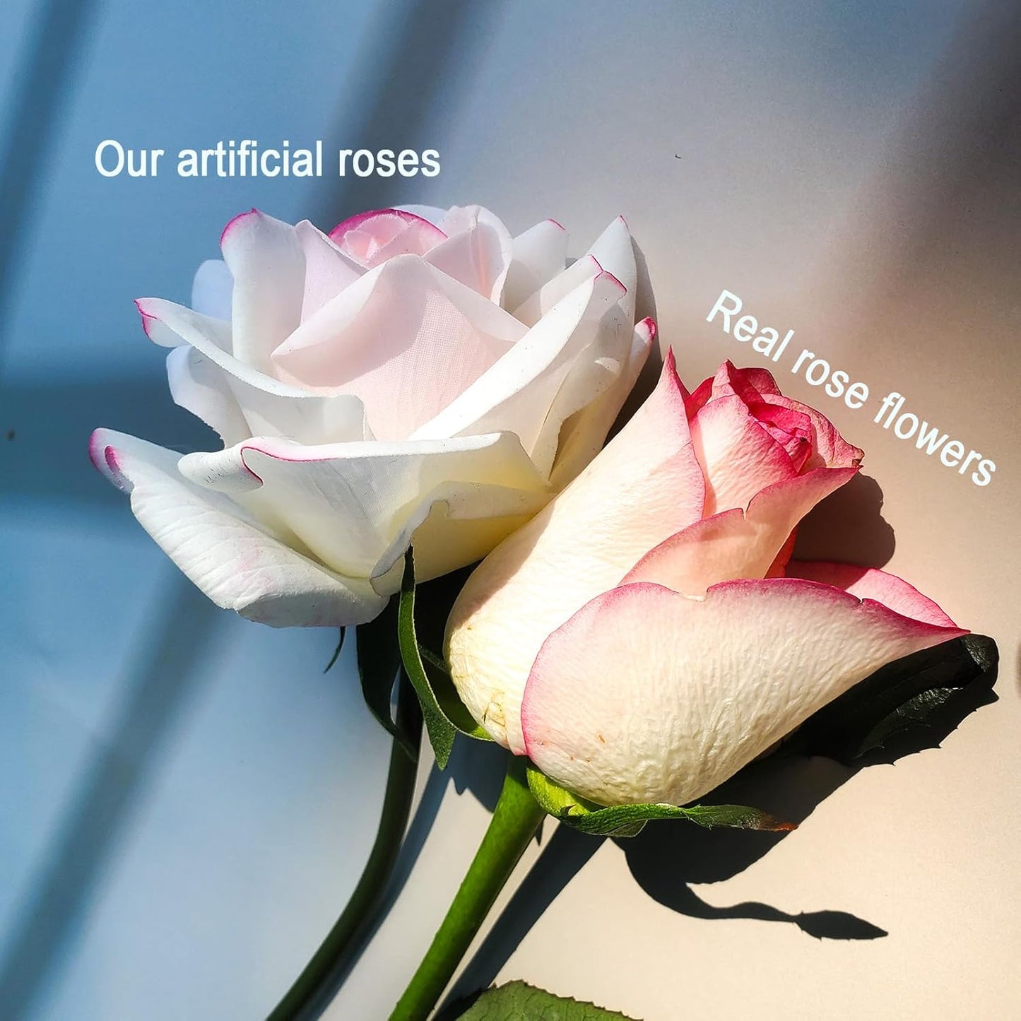 Artificial flower real touch roses feel and look realistic fake roses with short stems, suitable for gift, for wife girlfriend mom friends, Indoor home table，cake, hotel, car decoration (pink white)