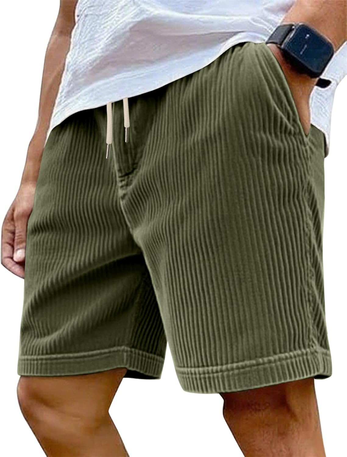 Mens Cargo Shorts Casual Drawstring Elastic Waist Corduroy Summer Beach Shorts with Pockets