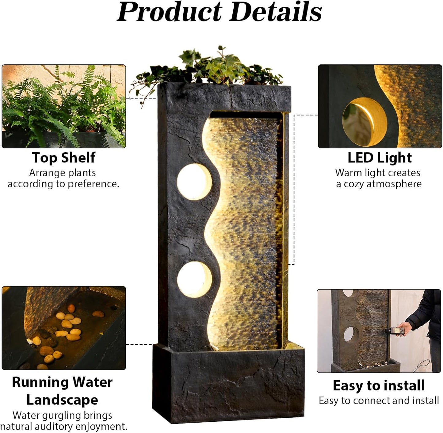 46.8" H Water Fountain Outdoor Water Fall Fountains Indoor Waterfall Modern Fountain with LED Lights Floor-Standing for Outside Garden, Patio, Backyard, Deck, Porch, Landscaping, Balconies