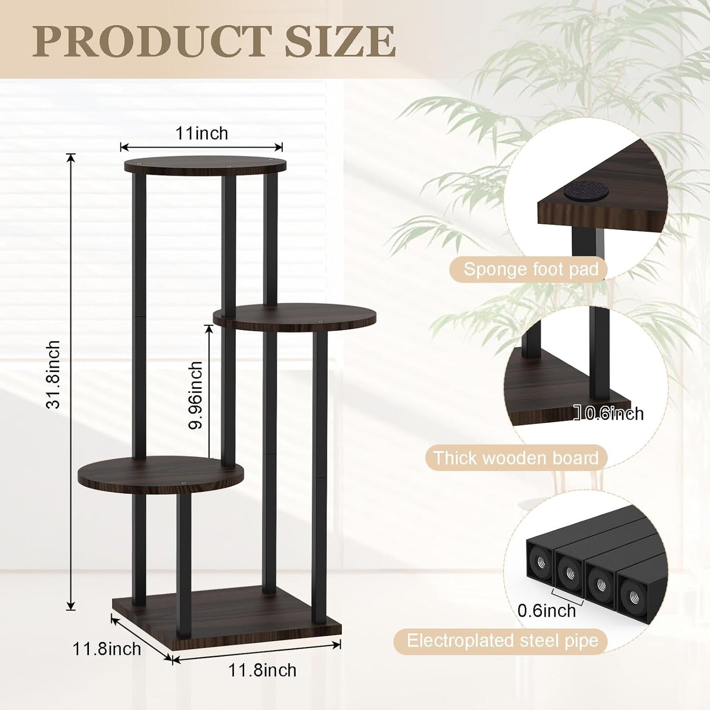 4 Tier Plant Stand Indoor, Metal Wooden Tall Plant Shelf Flower Pot Stand for Multiple Plants, Corner Flower Holder Plant Display Rack for Living Room Balcony Patio Garden (Black)