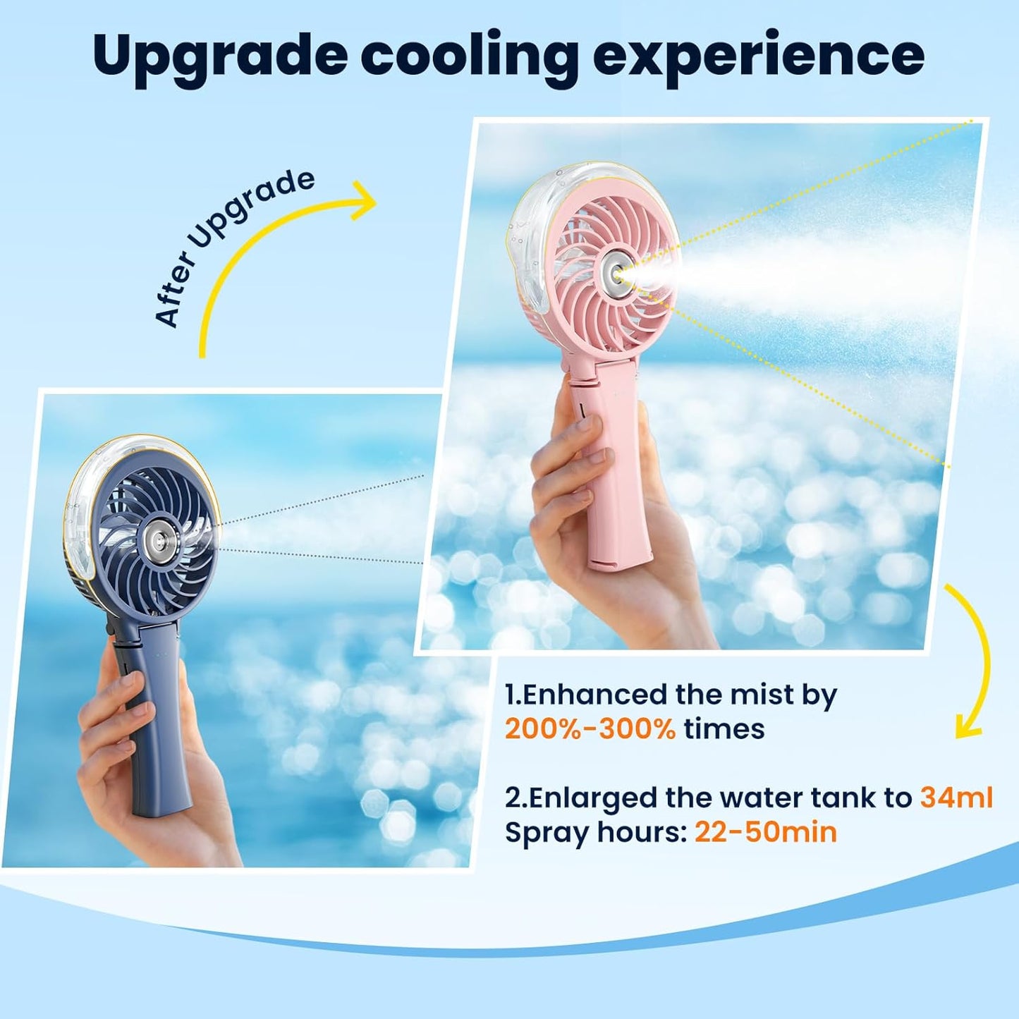 HandFan Upgraded Portable Handheld Misting Fan, Rechargeable Personal Mister Fan, Spray Water Mist Fans, Foldable Electric Mini Cooling Hand Fans for Summer Beach Travel Concerts Disney(Pink)