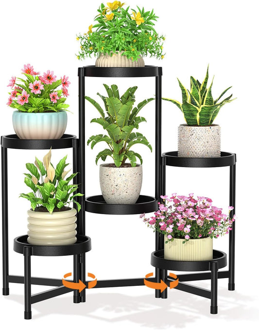 LASZOLA 6 Tiered Folding Plant Stand Indoor for Multiple Large Planter, Tall Heavy Duty Adjustable Rack with Rust Proof Plastic Shelving, Sturdy Vertical Tree Organizer for Narrow Inside Floor, Black