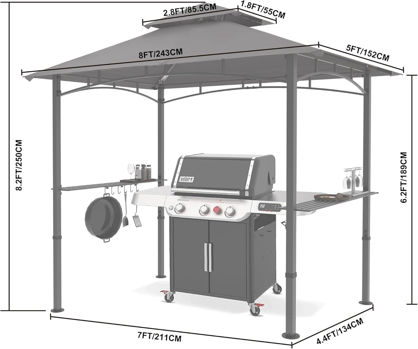 MASTERCANOPY 8 x 5 Grill Gazebo Outdoor BBQ Gazebo Canopy with 2 LED Lights (Gray)