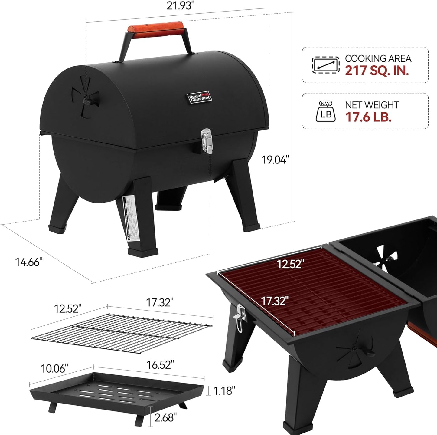 Royal Gourmet CC1619 Portable Tabletop Charcoal Grill, Convertible Lid-to-Grill Zone, Outdoor Compact Barrel BBQ Grill with 217 Sq. In. Grilling Space for Backyard, Patio and Parties, Black