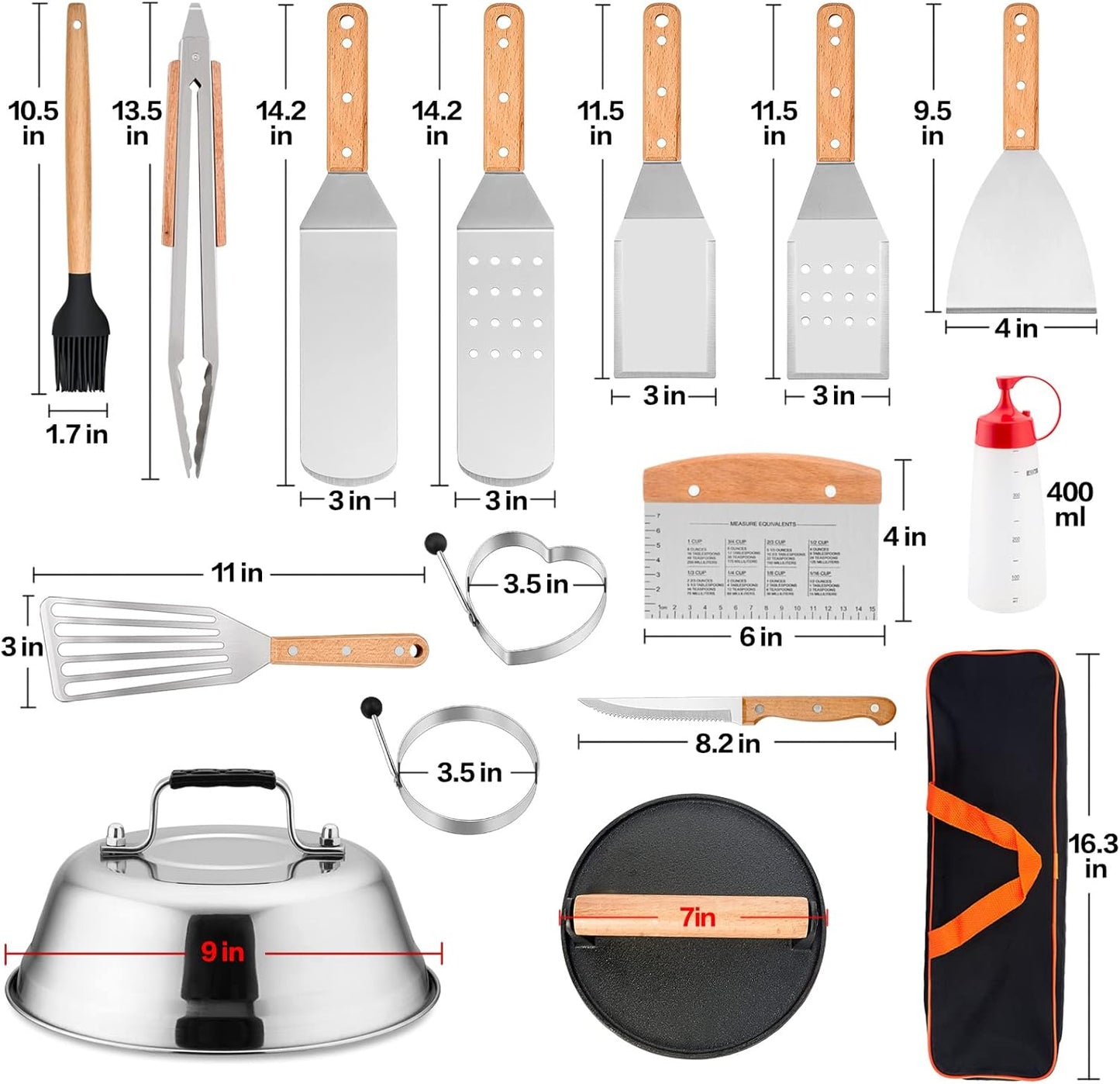 HaSteeL Griddle Accessories Set of 20, Complete Stainless Steel Griddle Spatula Tools with 9” Melting Dome, Heavy Duty Metal Spatulas Choppers Cast Iron Grill Press for Flat Top Teppanyaki BBQ Outdoor