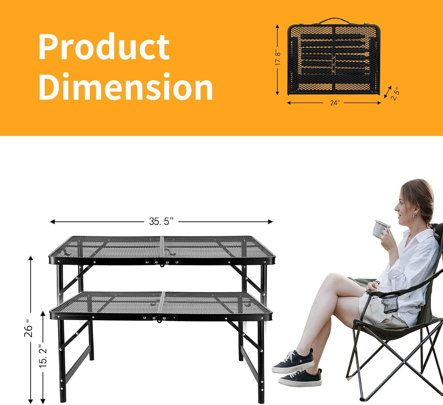 Camping Table 3FT Grill Table Foldable Folding Picnic Portable Stand Mesh 2 Height Adjustable Outdoor Card BBQ RV Black 35.5×23.6 ×26 inch