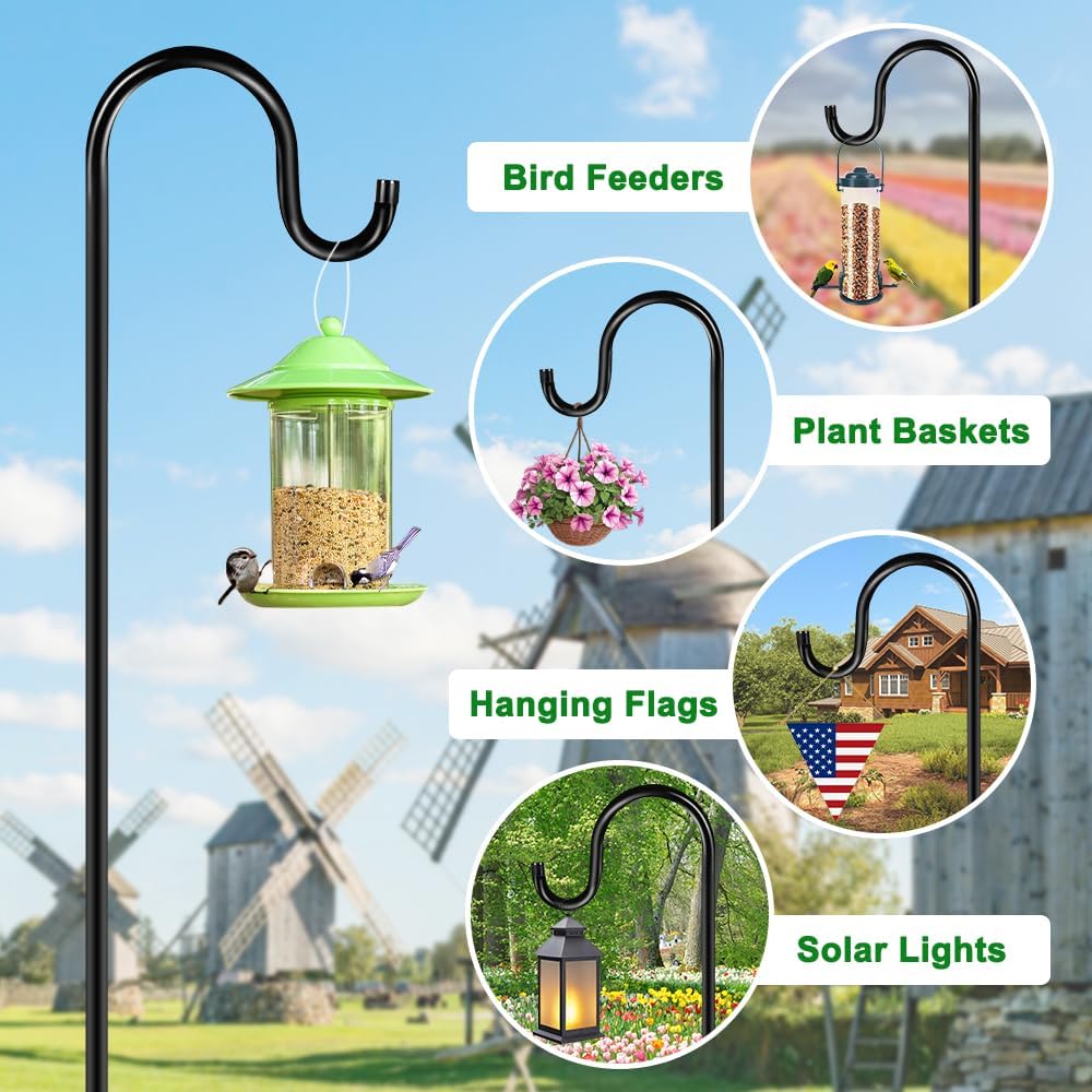 72" Shepherds Hooks for Outdoor, Heavy Duty Bird Feeder Pole with 7 Base Prongs, Adjustable Garden Hanging Holder for Bird Feeders, Solar Light Lanterns, Garden Plant Hanger Stands, 2 Packs