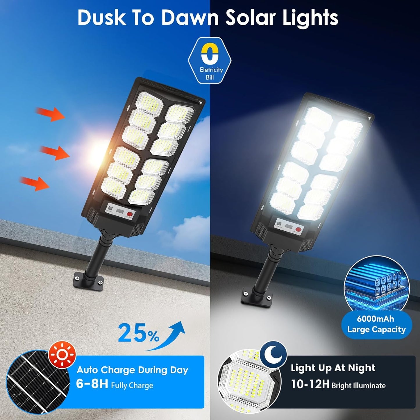 Solar Lights Outdoor Waterproof, 6500K 13000LM LED Dusk to Dawn Solar Street Light, Solar-Powered Flood Lights with Motion Sensor and Remote Control, Solares Parking Lot Light for Yard Walkway, 6-Pack