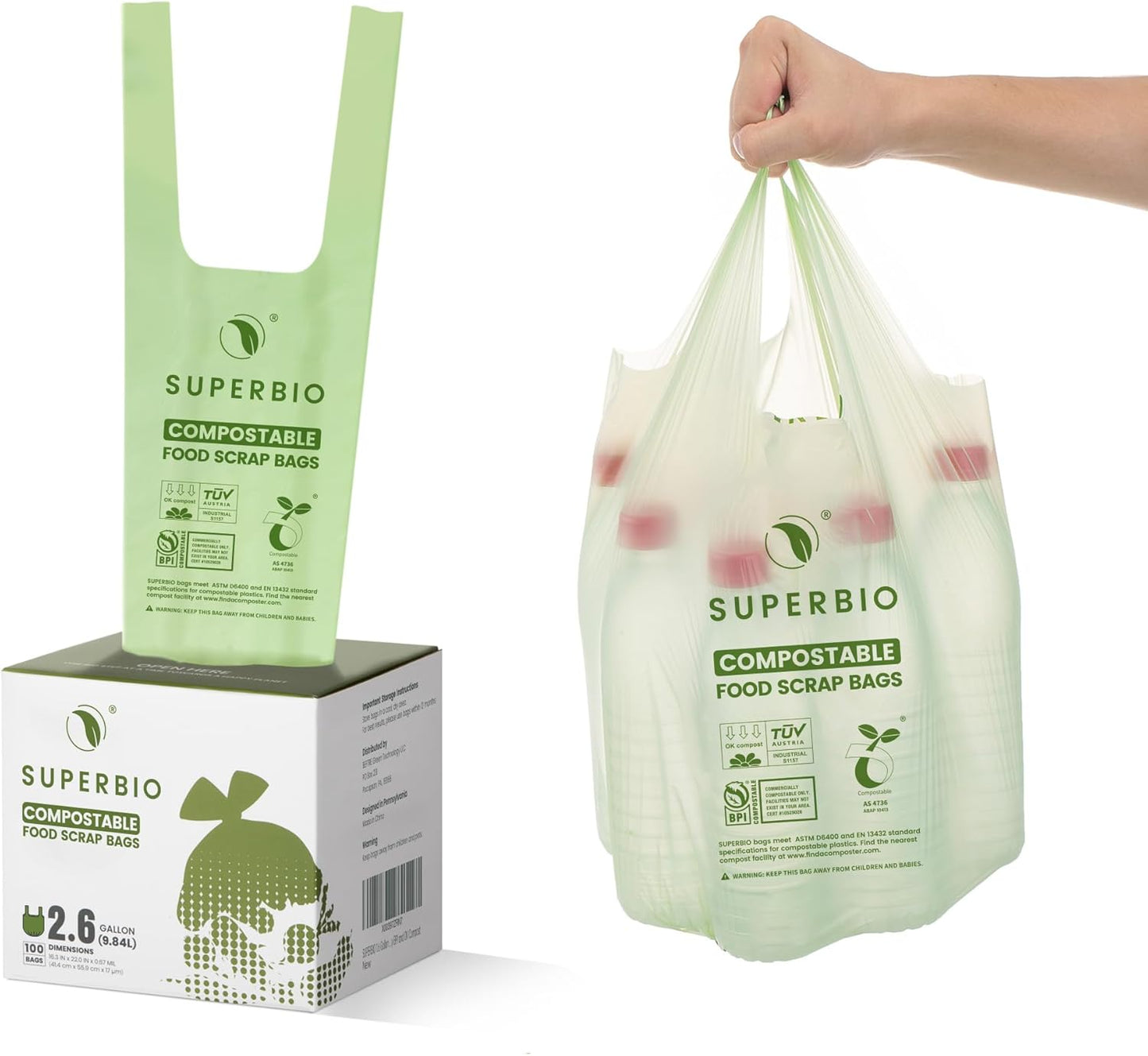 SUPERBIO 2.6 Gallon Compostable Bags with Handles, 100 Count,1 Pack, Food Scrap Bags Certified by BPI and OK compost INDUSTRIAL, 9.84L