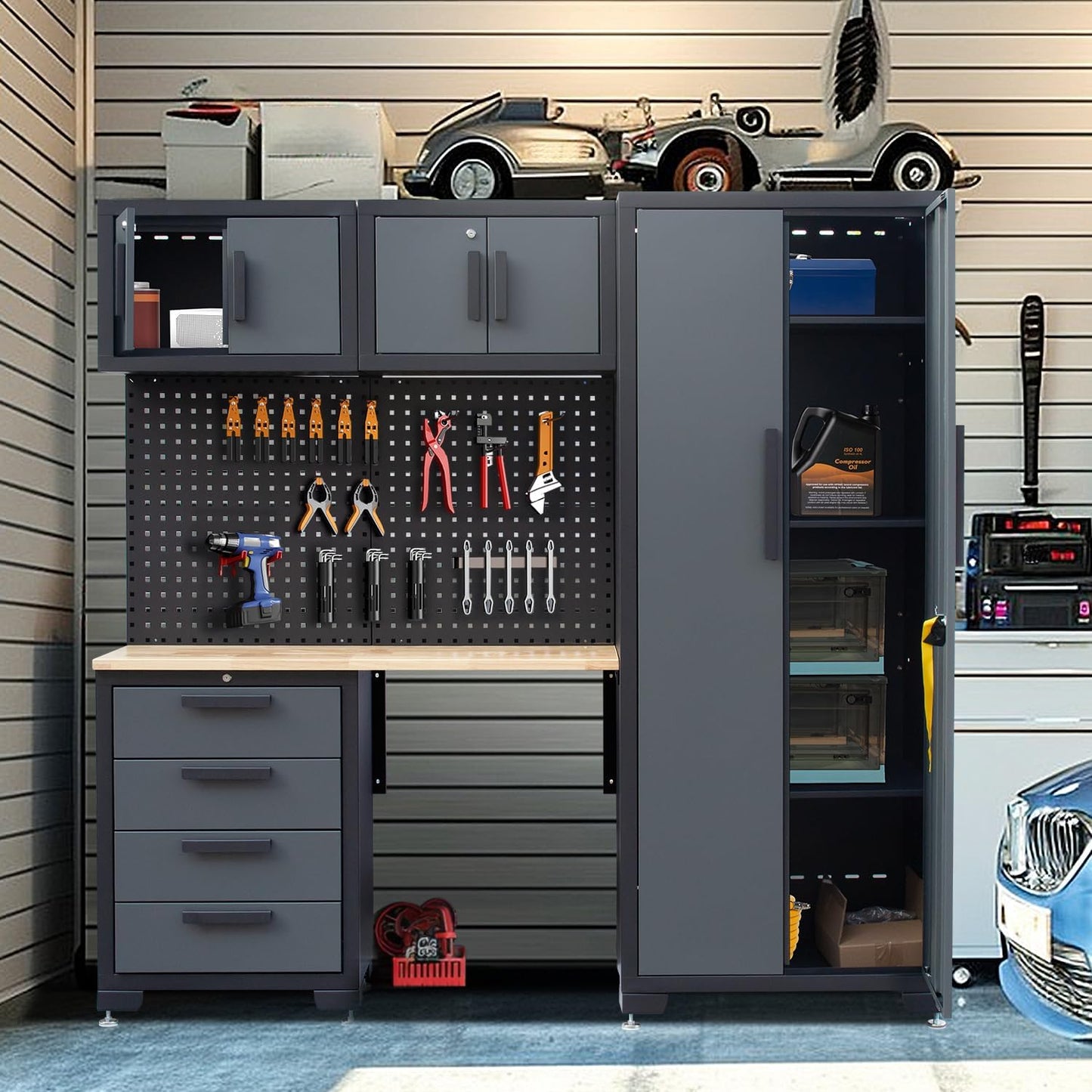 7-Pcs Garage Storage Cabinet System - Workshop Set With Steel Drawers, Workbench, Pegboard for Tool Organization