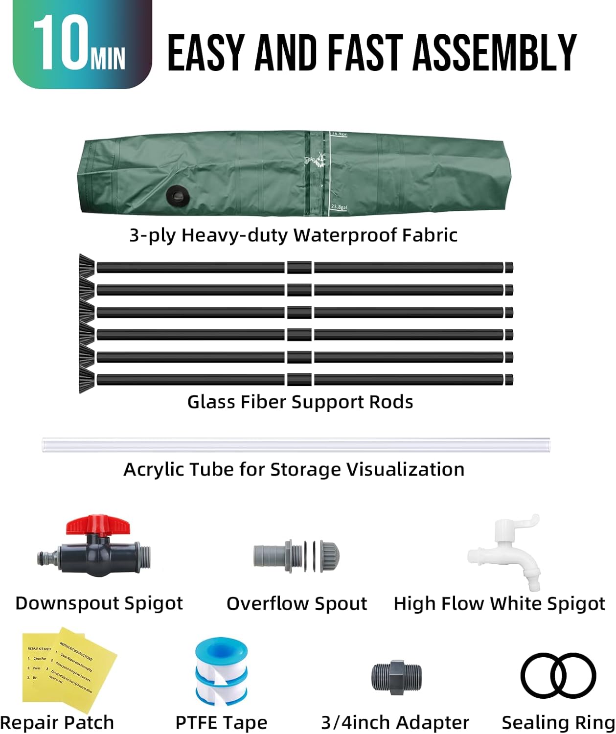 Collapsible Rain Barrel Water Collection System - 53 Gallon Portable Water Storage Tank,Foldable Rainwater Collect System Downspout, Water Catcher Container with Filter, Spigots＆Overflow Kit