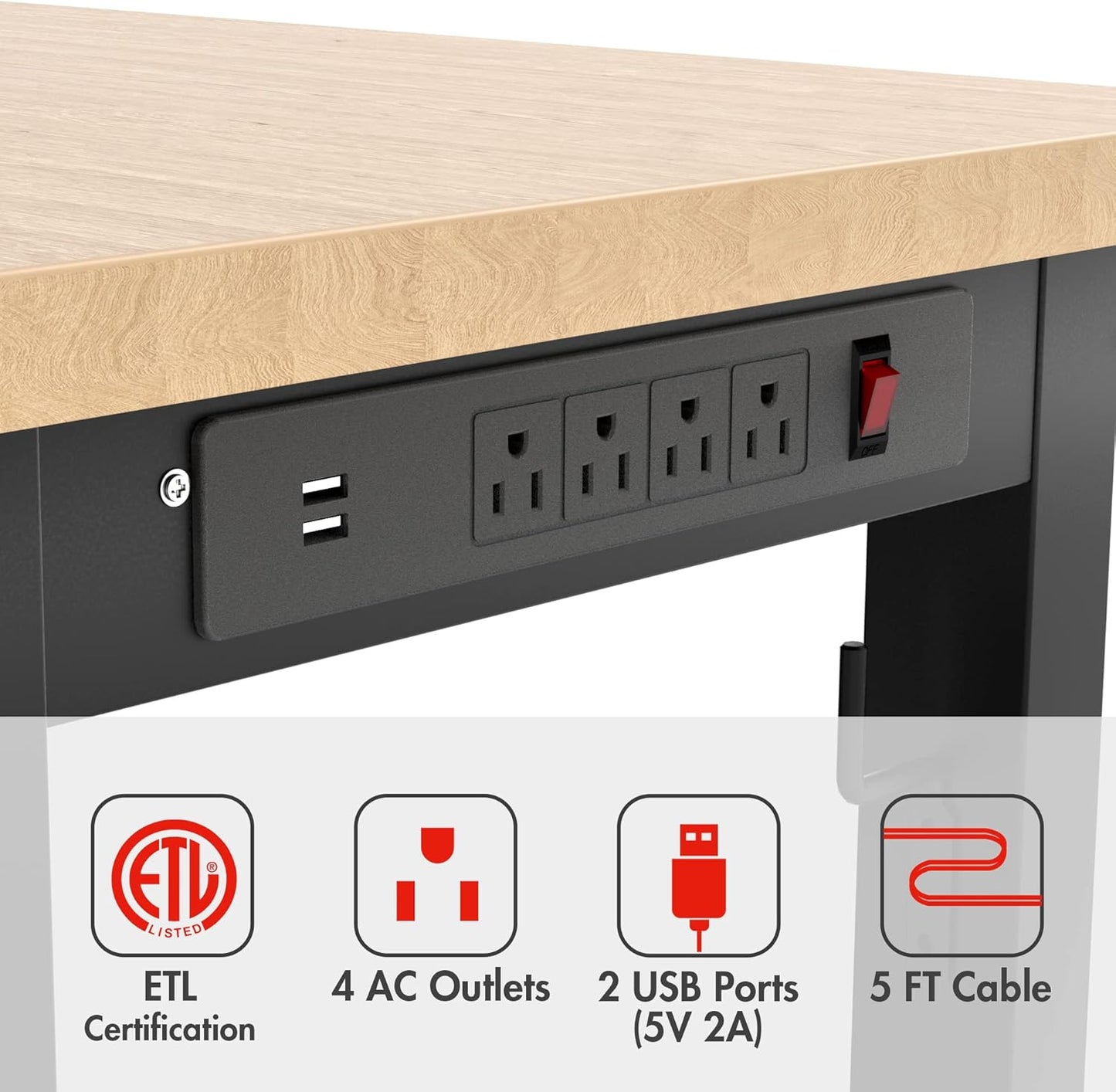 WORKPRO 48" Adjustable Workbench, Rubber Wood Top Heavy-Duty Workstation, 2000 LBS Load Capacity Hardwood Worktable with Power Outlets, for Workshop, Garage, Pack of 2