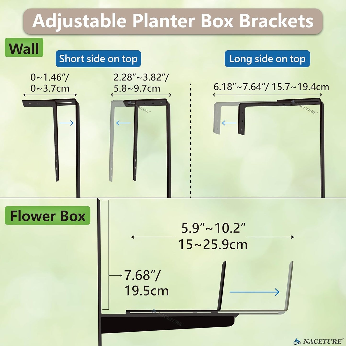 Window Box Brackets for Railing- 2 Pcs Adjustable Planter - Sturdy, Stable Flower Box Brackets for Railings, Balconies and Fences- Upright Railing Plant Holder (Black 2 Pack)