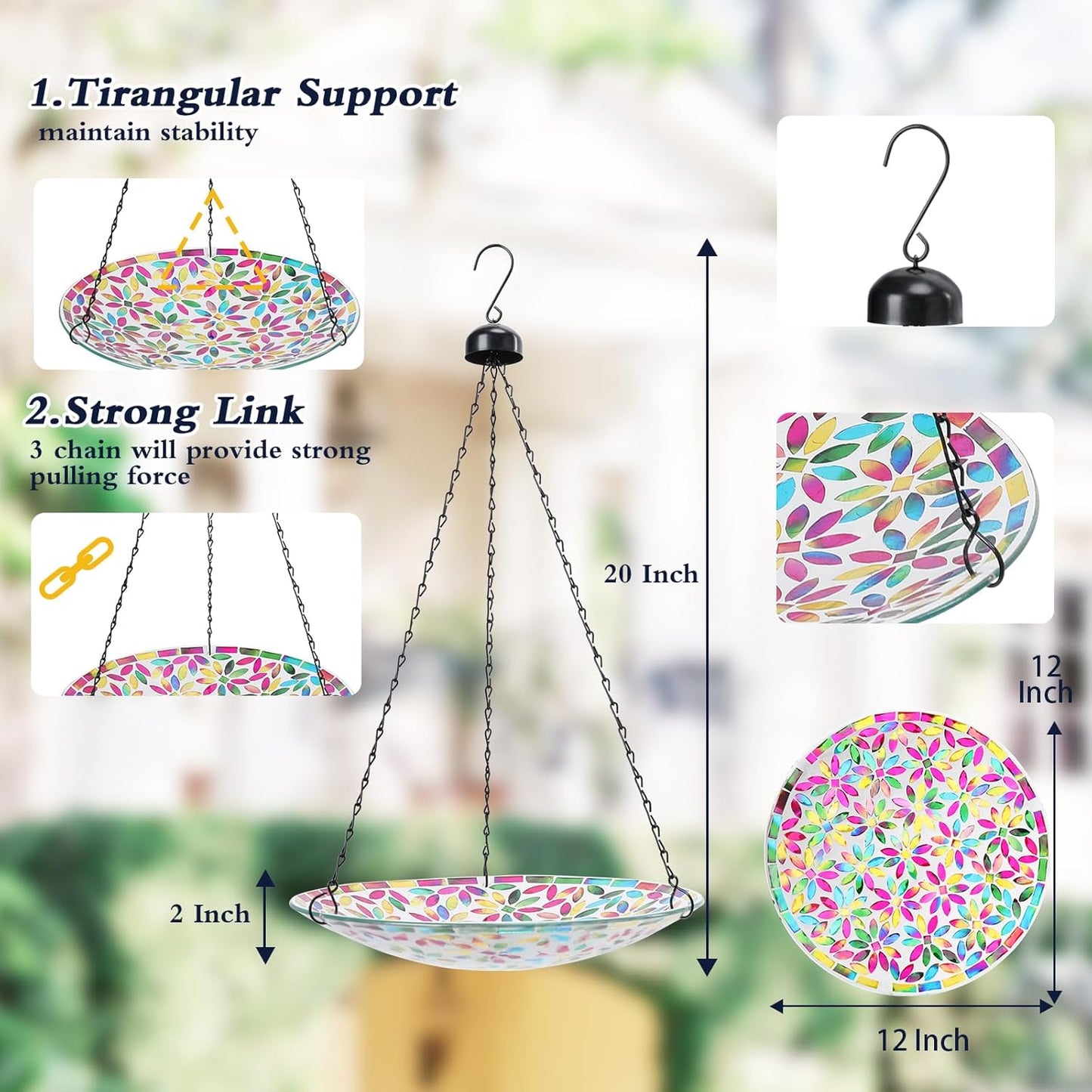 MUMTOP Mosaic Hanging Bird Bath-Bird Baths for Outdoors - 12 Inch Glass Birdbath Bird Water Bowl Bird Feeders for Outside, Garden, Lawn Yard Decor（Colorful Flower）